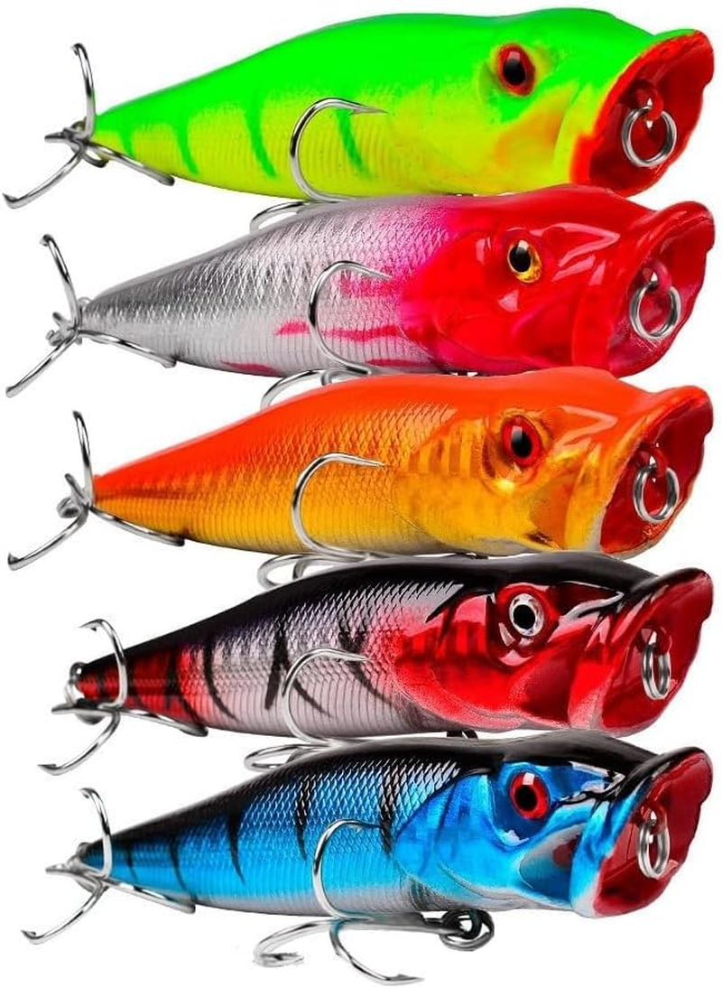Origlam 5Pcs Floating Topwater Popper Fishing Lure 9Cm, Popper Fishing Lures Treble Hooks Fishing Tackle Accessory, Artificial Surface Fishing Lures for Pike Bass Salmon image number 6