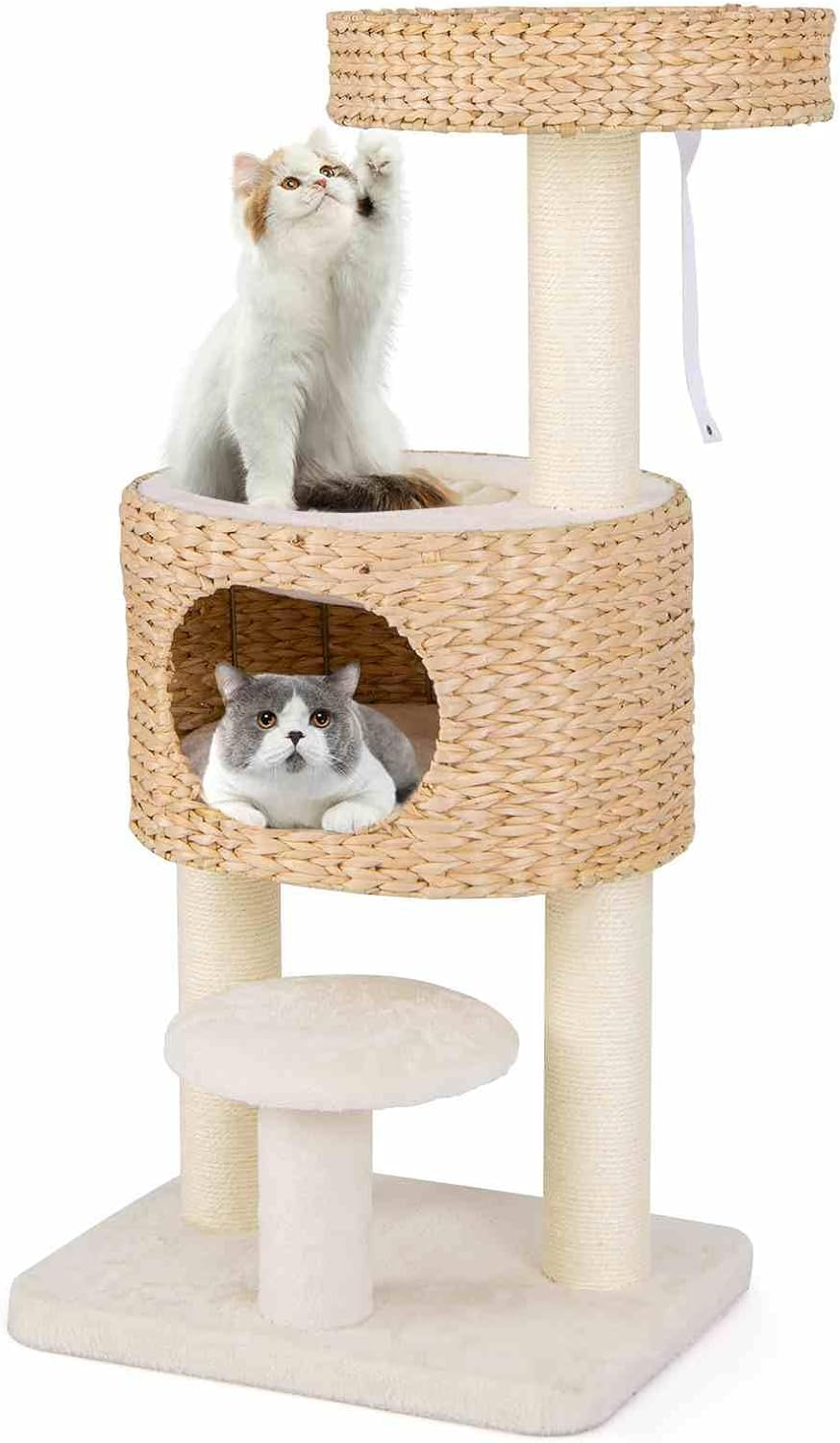 Costway Cat Tree for Indoor Cats, Modern Cat Tower W/Top Perch, Cattail Fluff Condo, Sisal Scratching Posts, Hanging Toy, Bed, Removable Cushion, Anti-Tipping Device, Kitty Activity Center, Natural image number 2