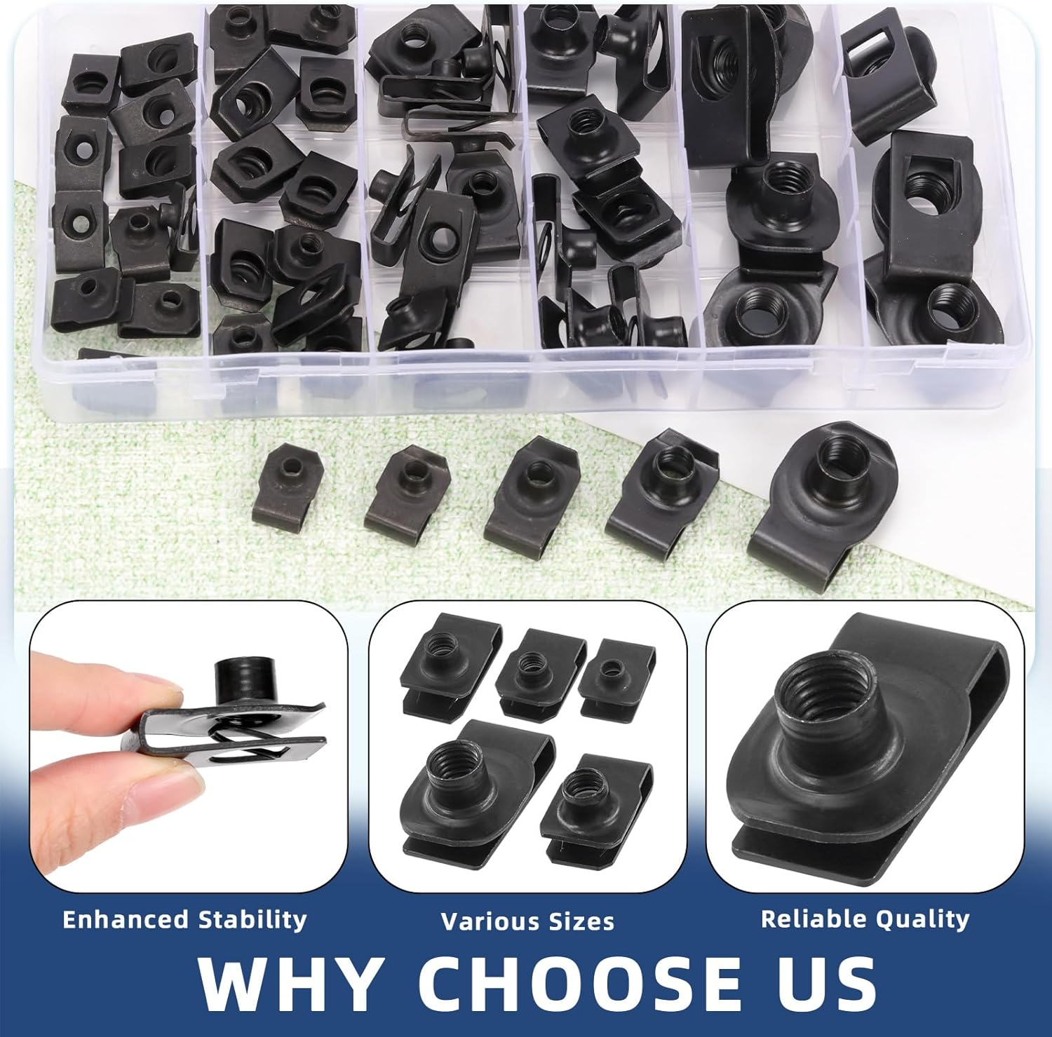 Glarks 50Pcs M4 M5 M6 M8 M10 U-Style Clip-On Nuts Set, Black Carbon Steel Thread Clip Nut, U Nuts Clamp Set, U-Shaped Nut, Automotive U-Clips for Engine, Fender, Bumper, Dash, Interior Trim Panels - Gold image number 2