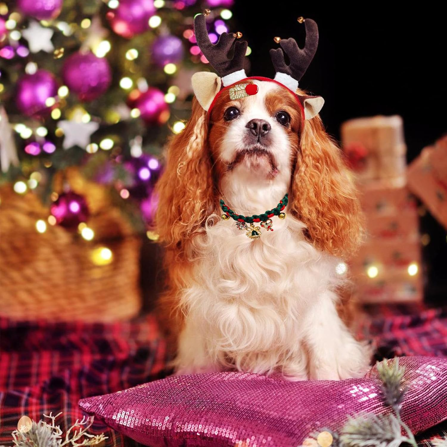 Christmas Handmade Pet Woven Collar Adjustable Xmas Knitted Cat Collars with Puppy Hair Clips New Year Hand Woven Dog Cat Bell Collar for Cat Small Puppy Dogs (Xmas Bell) image number 1