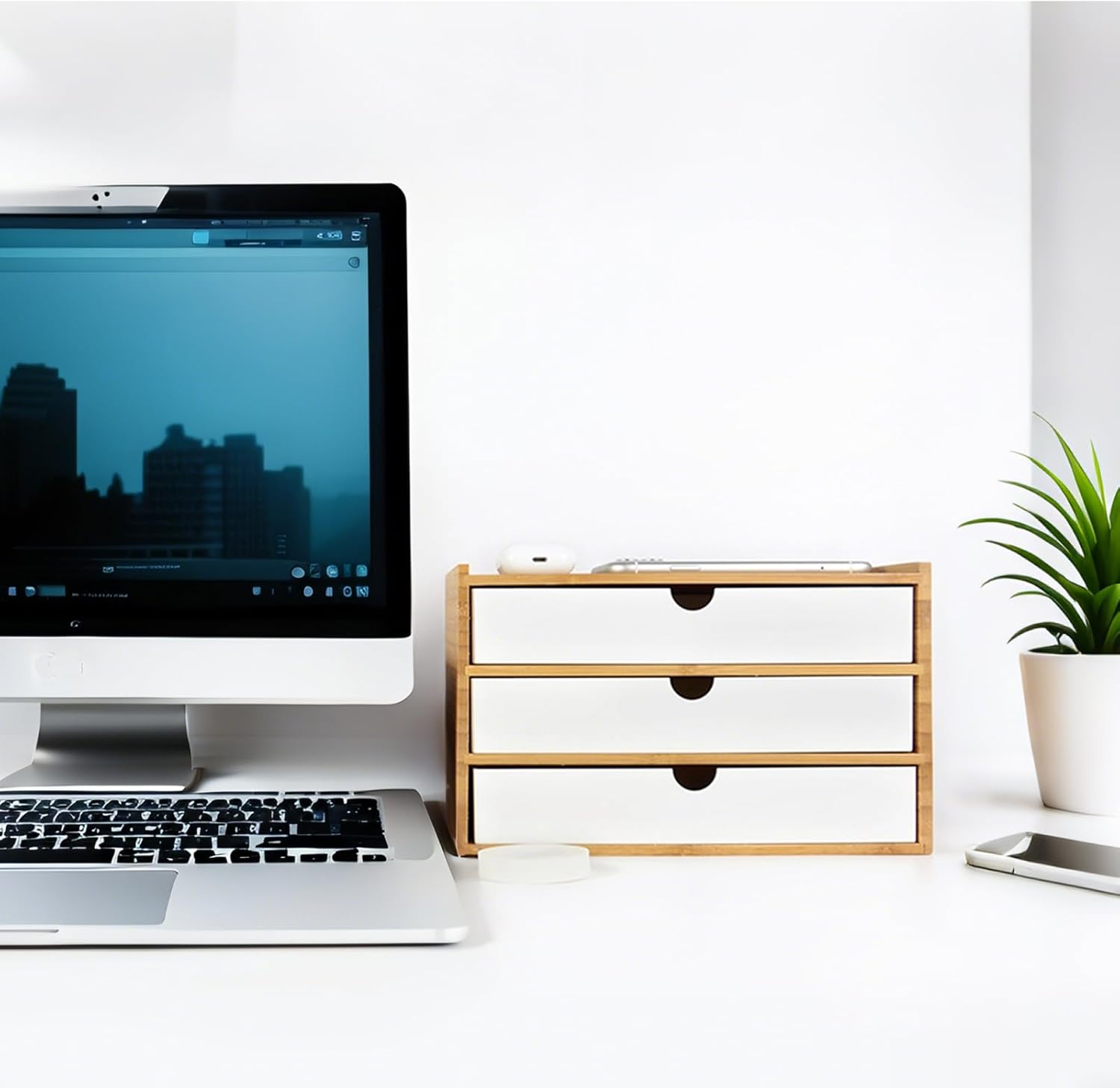 Office Desk Organizer with Drawers - Bamboo Desktop Organizer Storage,White Desk Drawers Organizer Desk Accessories No Assembly Required image number 5