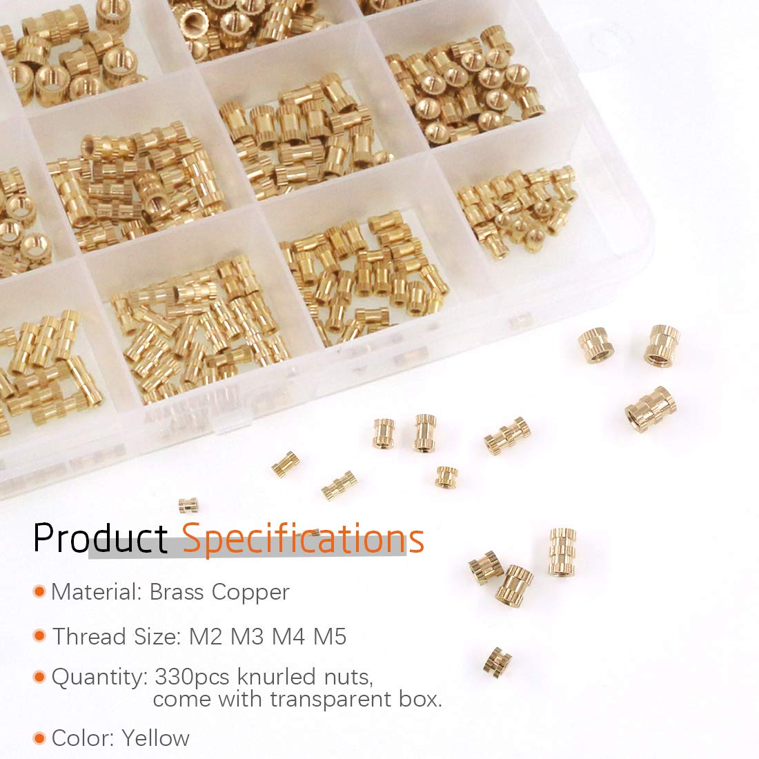 Rustark 330Pcs M2 M3 M4 M5 Metric Female Thread Brass Knurled Threaded Insert Embedment Nuts Assortment Kit