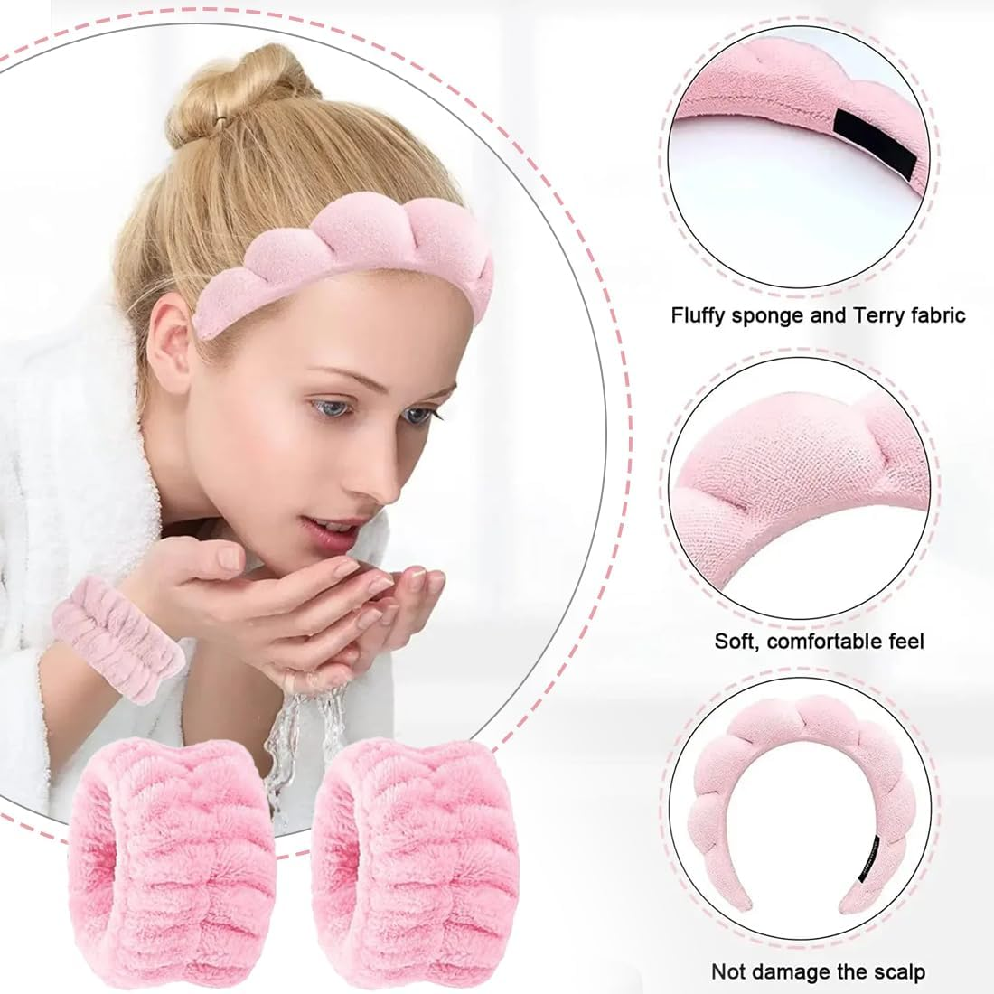 Spa Headband Women'S Make up Hair Band Washing Face Wristband Set Make-Up Hair Band Sponge Headband for Spa Make-Up Face Washing Showers Sports Skin Care image number 2