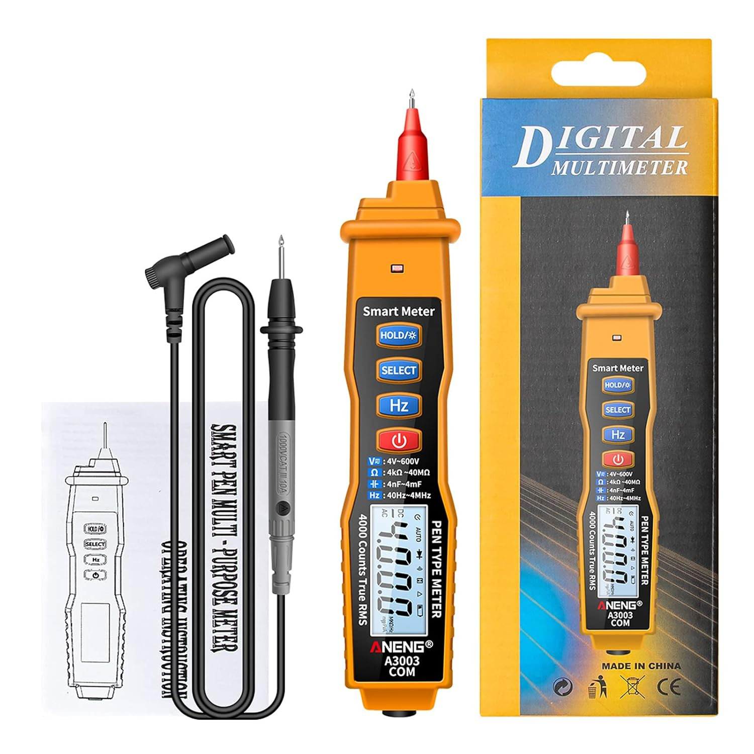 Digital Pen Multimeter NCV AC/DC Voltmeter Ohmmeter Resistance Capacitance Frequanecy Live Line Test Handheld 4000 Counts LCD Backlight Tester with Data Hold and Flashlight Yellow