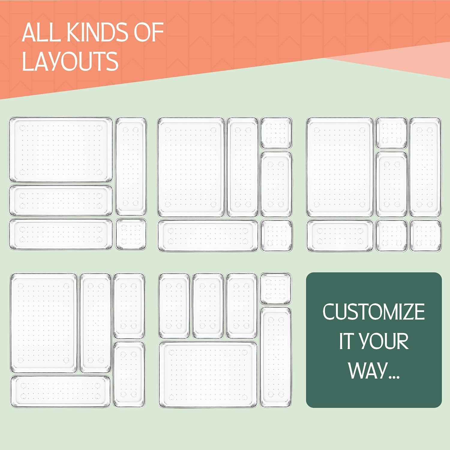 25 PCS Clear Plastic Drawer Organizers Set, 4 Sizes Clear Drawer Organizers & Storage Bins for Makeup/Jewelry Vanity, Kitchen Gadgets or Office Desk. Bathroom Drawer Organizer Trays image number 1