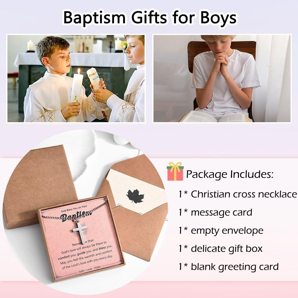 Leyung Baptism Confirmation First Holy Communion Christening Gifts for Boys, Stainless Steel Cross Necklace Gifts for Teen Boys Son Grandson Nephew Godson image number 2