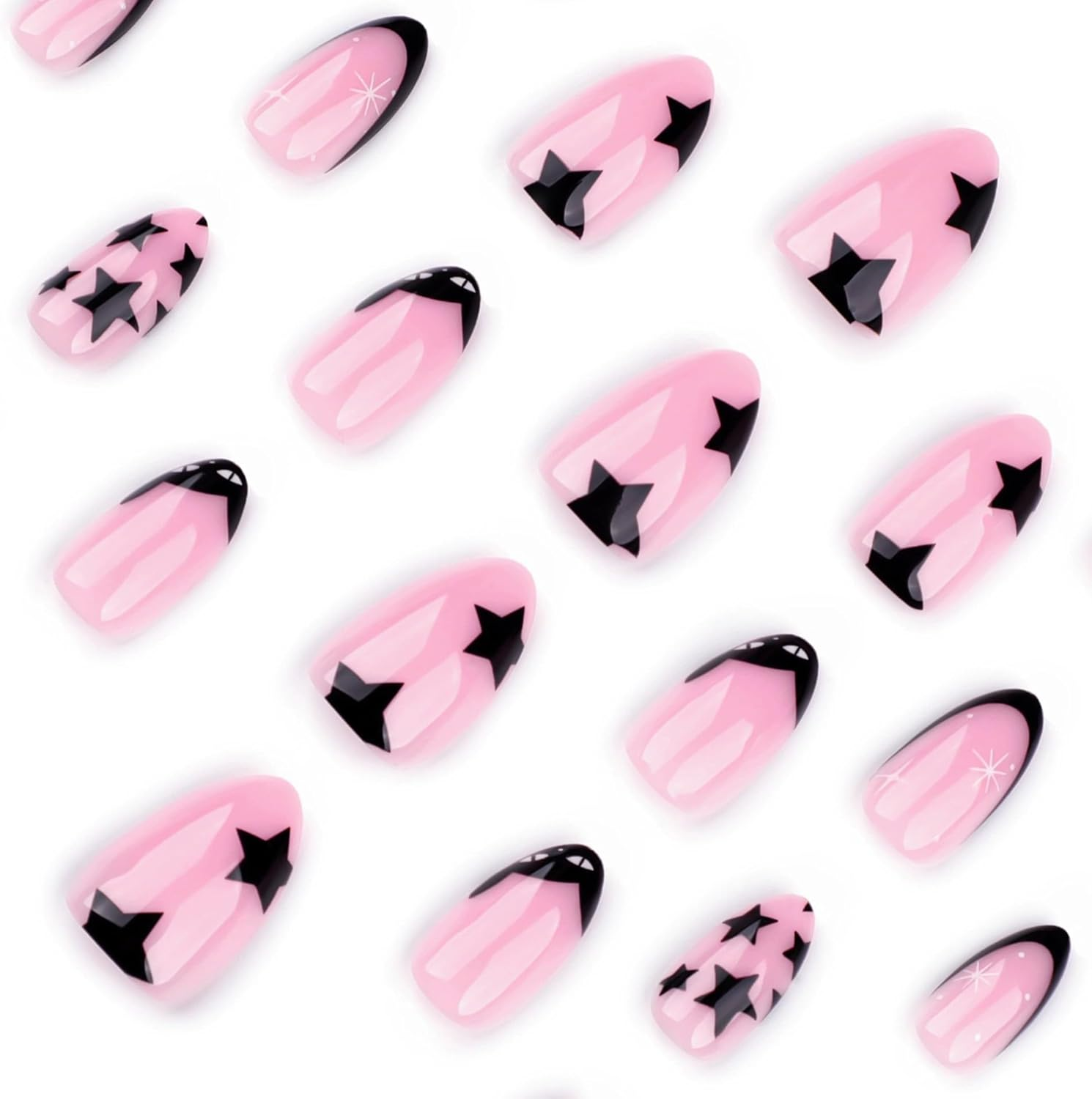 24 Pieces French Press on Nails Short Almond Artificial Nails Black Edge Pink Fingernails for Sticking Black White Star Glue Nails Set Acrylic Nail Tips Women Spring Summer Nail Accessories image number 1