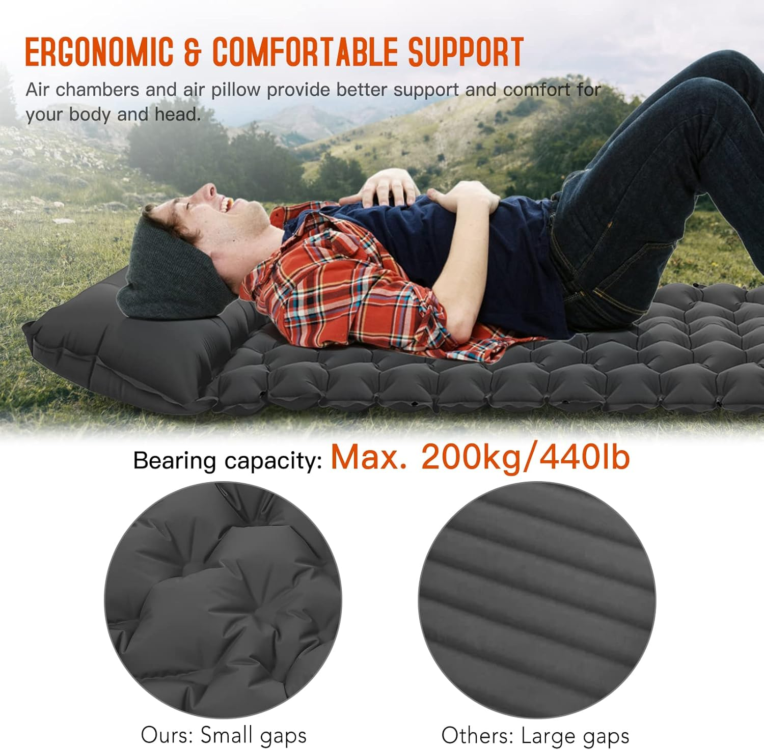 Eacam Sleeping Pad, Ultralight Inflatable Sleeping Pad for Camping, Built-In Pump, Ultimate for Camping, Hiking - Airpad, Carry Bag, Repair Kit - Compact & Lightweight Camping Pad image number 6