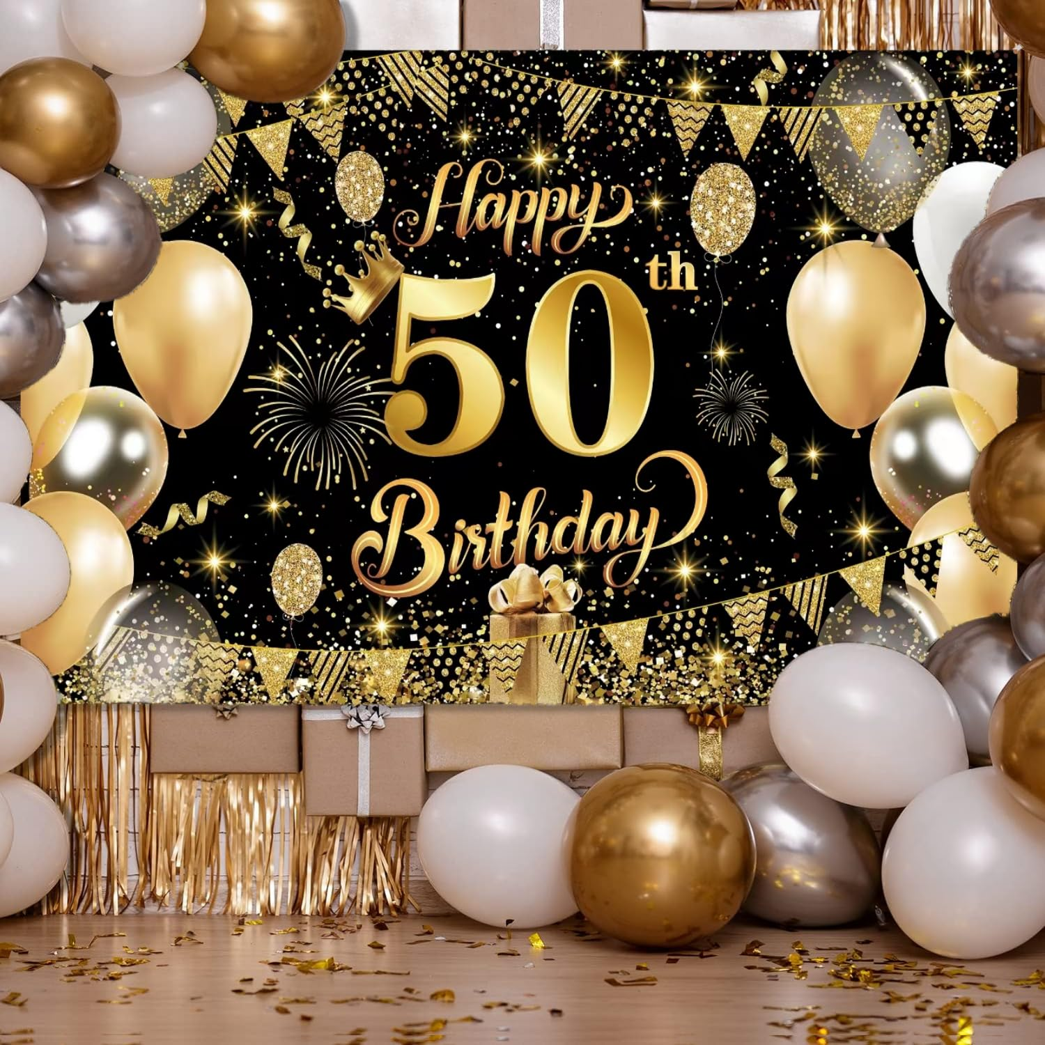 Yuanbigtai 50Th Happy Birthday Banner,Happy 50Th Birthday Decorations Backdrop,Birthday Party Decoration Black Gold Sign Poster for Backdrop Background for Men, and Women Birthday, 70.8 X 43.3 Inch image number 3