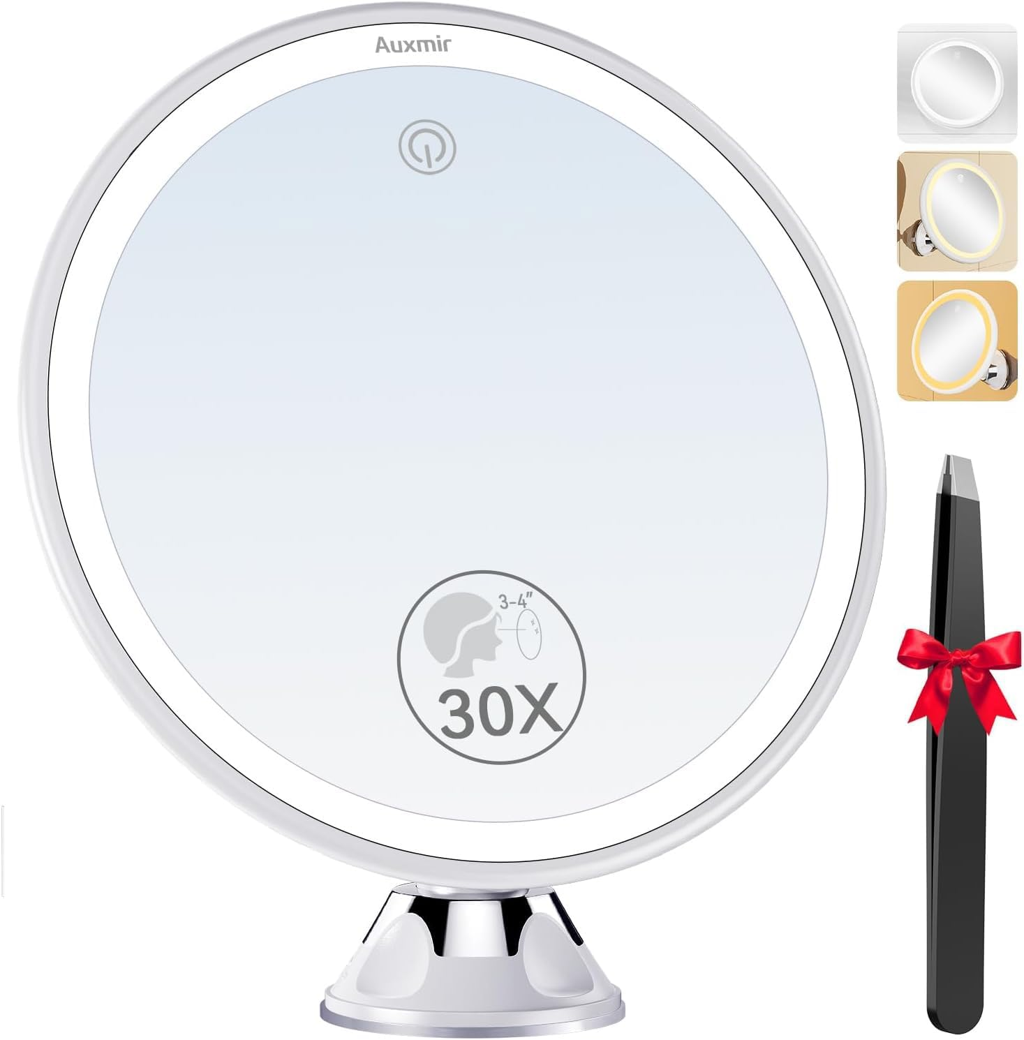 Auxmir Cosmetic Mirror with 30X Magnification, 2000 Mah LED Make-Up Mirror with Lighting, 3 Light Colours and Strong Suction Cup, 8 Inch Magnifying Mirror with Light, Dimmable Shaving Mirror For image number 6