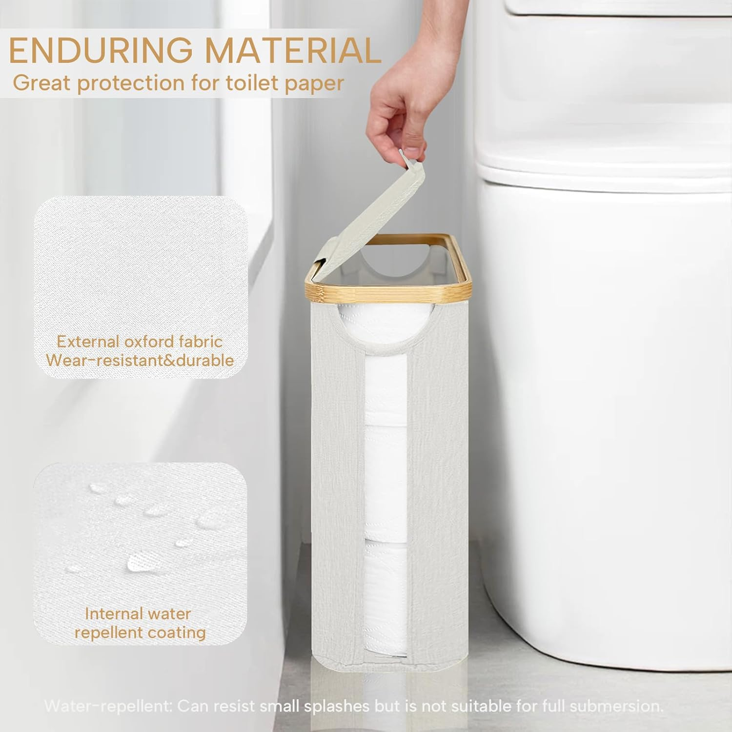 FYL Toilet Roll Storage, Toilet Paper Storage, Portable Foldable Water-Repllent Bamboo Toilet Paper 12 Rolls Holder Storage with Handle for Bathroom (White) - Black image number 4