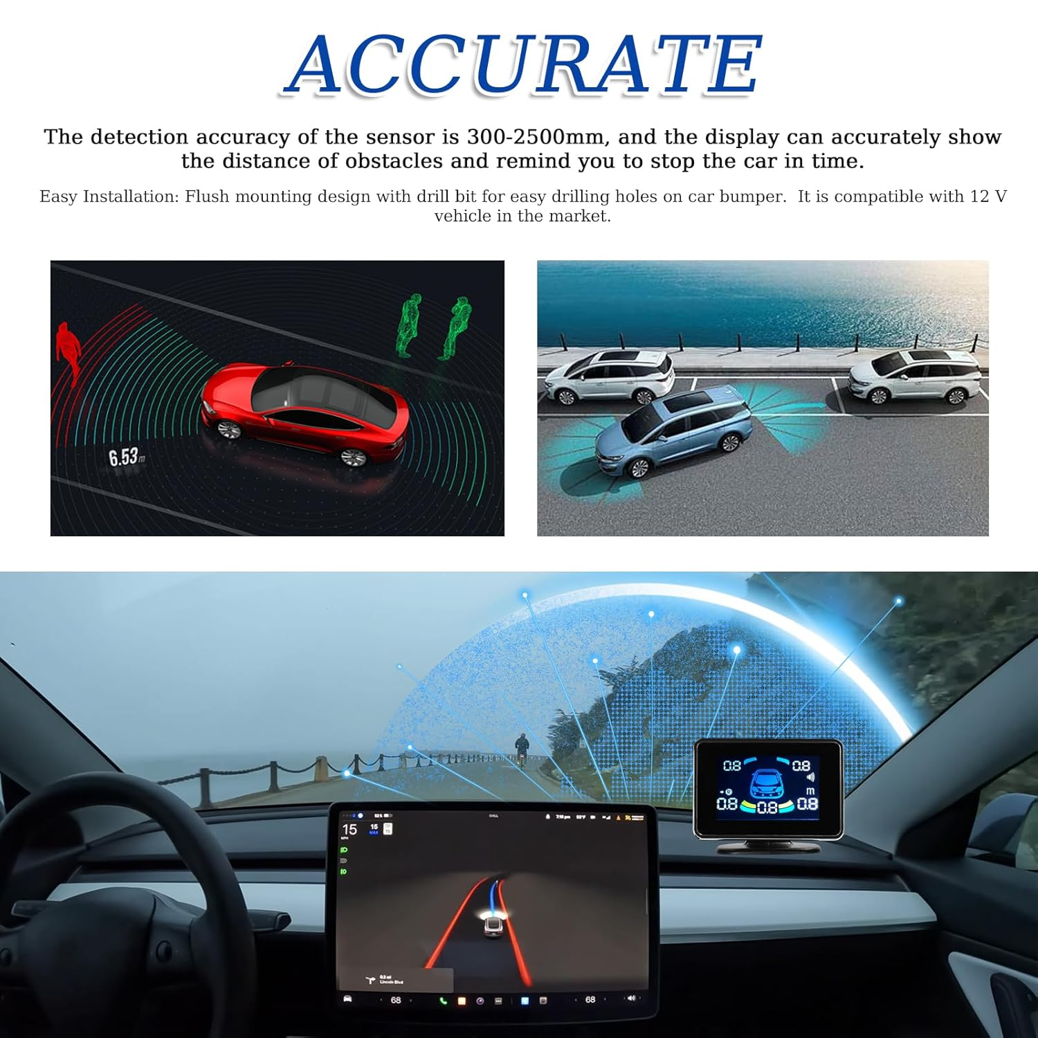 ACAGALA Car Parking Sensor Reversing Radars System Front & Rear Support Sound Warning/Buzzer/Mute with 8 Parking Sensors Distance Detection LCD Distance Display Volumes Adjustable image number 1