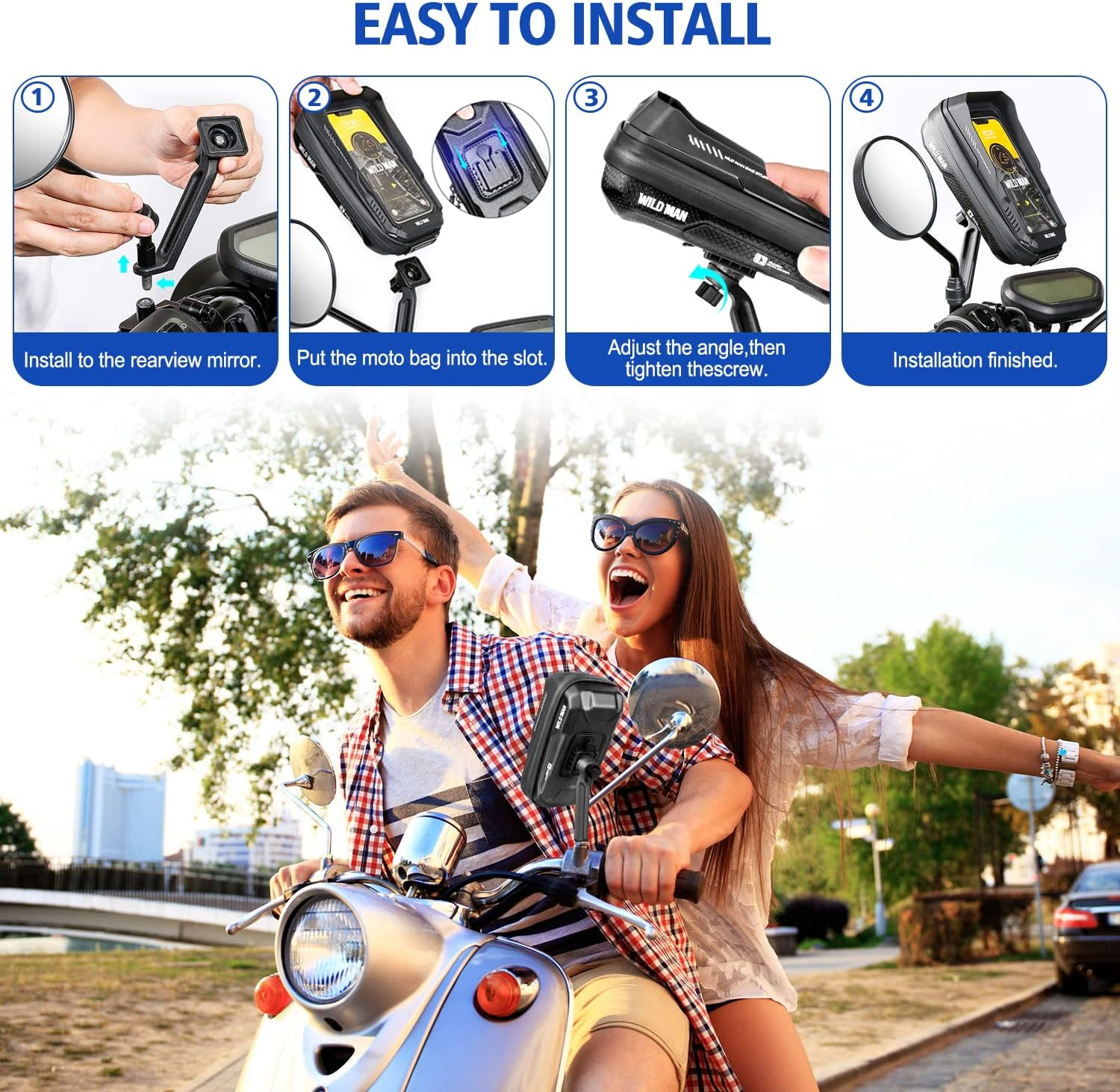 JUYANO Waterproof Motorcycle Phone Holder Aluminium Anti-Vibration 360&deg; Rotatable Touch Screen Universal Mobile Phone Holder Scooter Mirror for Smartphones up to 6.9 Inches image number 1