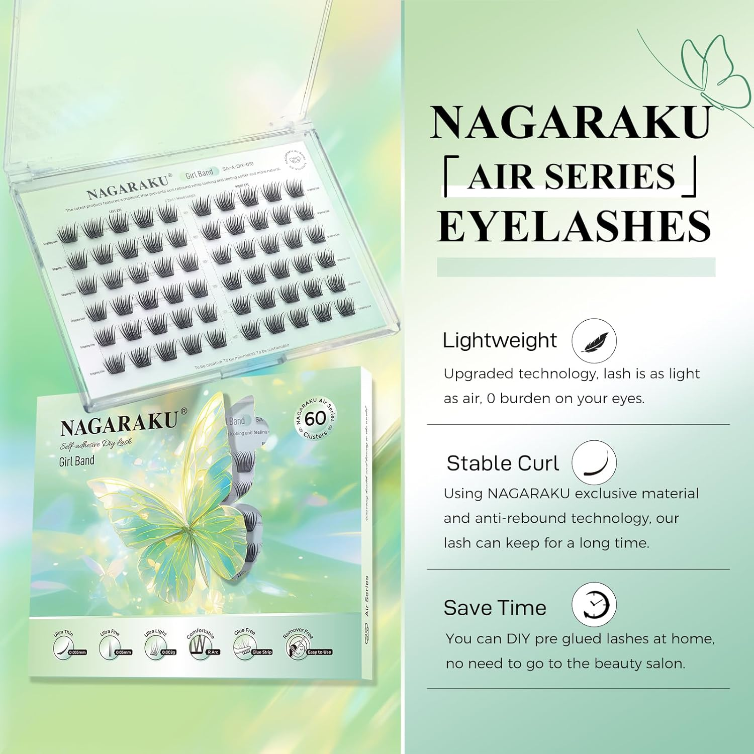 NAGARAKU Pre Glued Cluster Lashes Air Series Eyelashes Girl Band Style 60 Pcs No Glue Needed Pre-Bond Eyelashes Self Adhesive DIY Lashes（0.07Mm C Curl Mix Length) image number 5