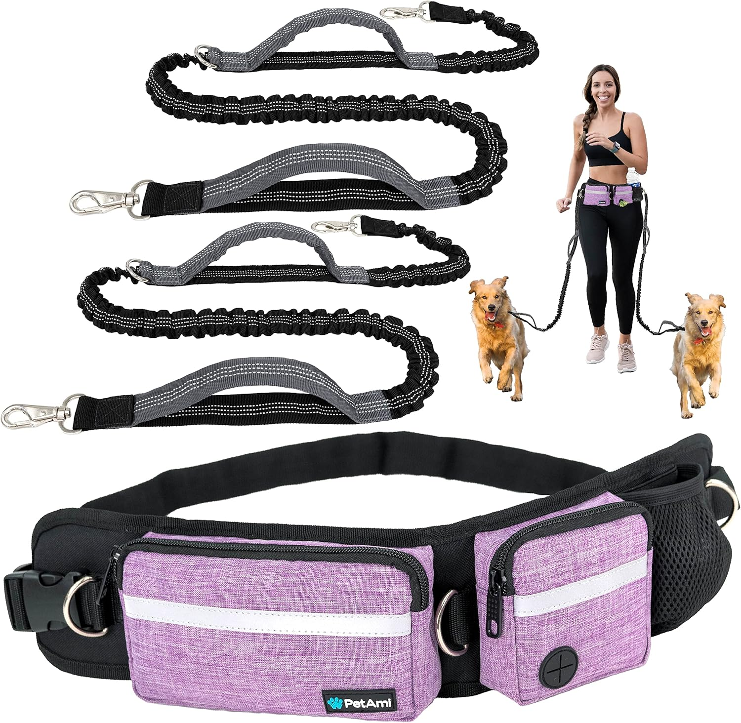 Petami Hands Free Dog Leash, Running Leash Belt Bag for Walking, Jogging, Waist Double Zipper Pouch with Poop Dispenser, Dual Padded Handles Reflective Bungee Double, Purple, 2 Leashes image number 2