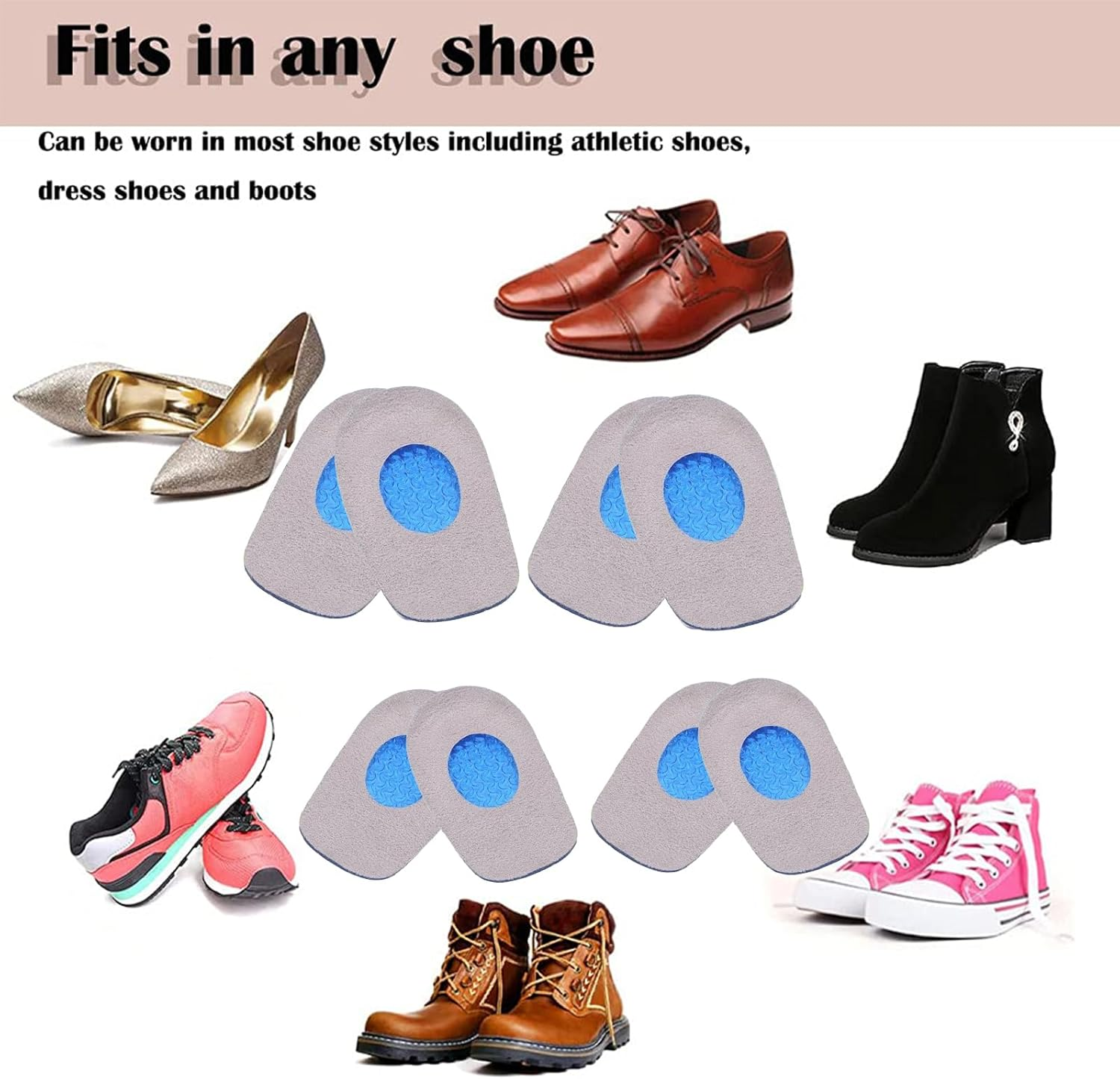 4 Pairs of Gel Heel Cups Plantar Fasciitis Inserts Heel Pads Insoles for Heel Spurs, Gel Heel Cushions for Heel Pain Relief Silicone Gel for Achilles Pain Relief, Fascia Support Casual Insoles image number 3