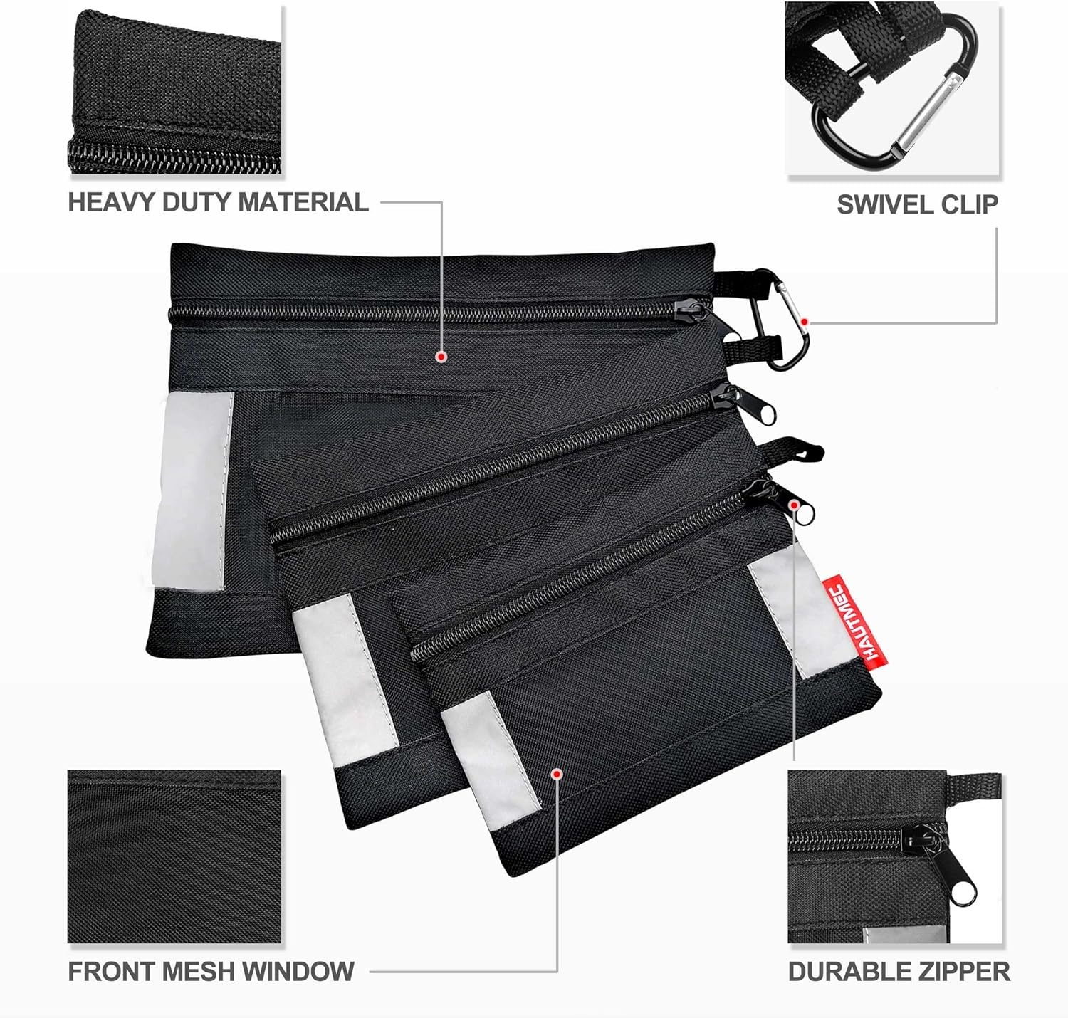HAUTMEC 3 Pieces Small Tool Pouch, Multi Function Zippered Tool Poly Bag with Mesh Window, Heavy-Duty Clip Organizer HT0126-TB image number 4