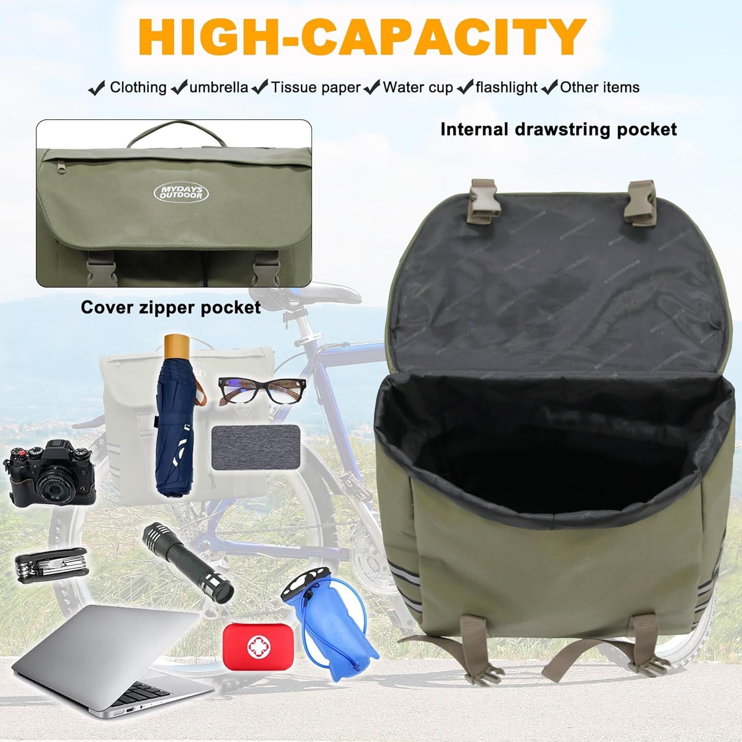 Bike Panniers Rear Rack Waterproof,Ebike Saddle Bags,Bicycle Storage Bag,Bike Frame Bag under Seat,Bike Rear Rack Bag Large Capacity Reflective Strip image number 5