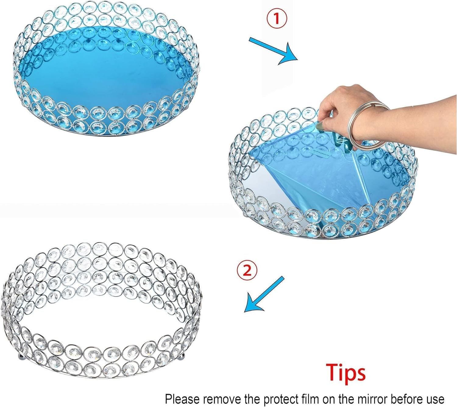 Feyarl Crystal Jewelry Tray Cosmetic Organizer round Tray Mirrored Decorative Trays for Perfume Bottles, 25Cm (Silver) - Silver image number 5