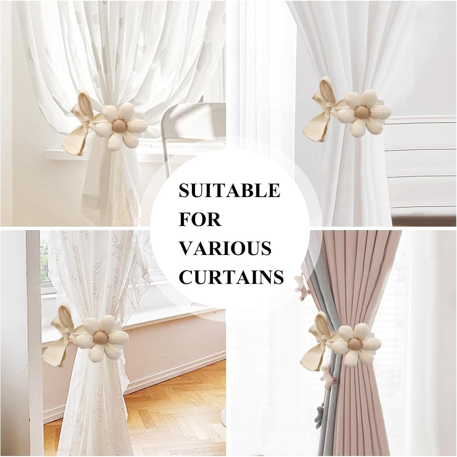 Shengsenfu 4 Pcs Boho Flower Curtain Tiebacks, Daisy Curtain Hook Set, Cute Sunflower Curtain Holders, Decorative Rope for Bedroom Draperies Decor, Cotton Holdbacks for Indoor & Outdoor Drapes Decor image number 4