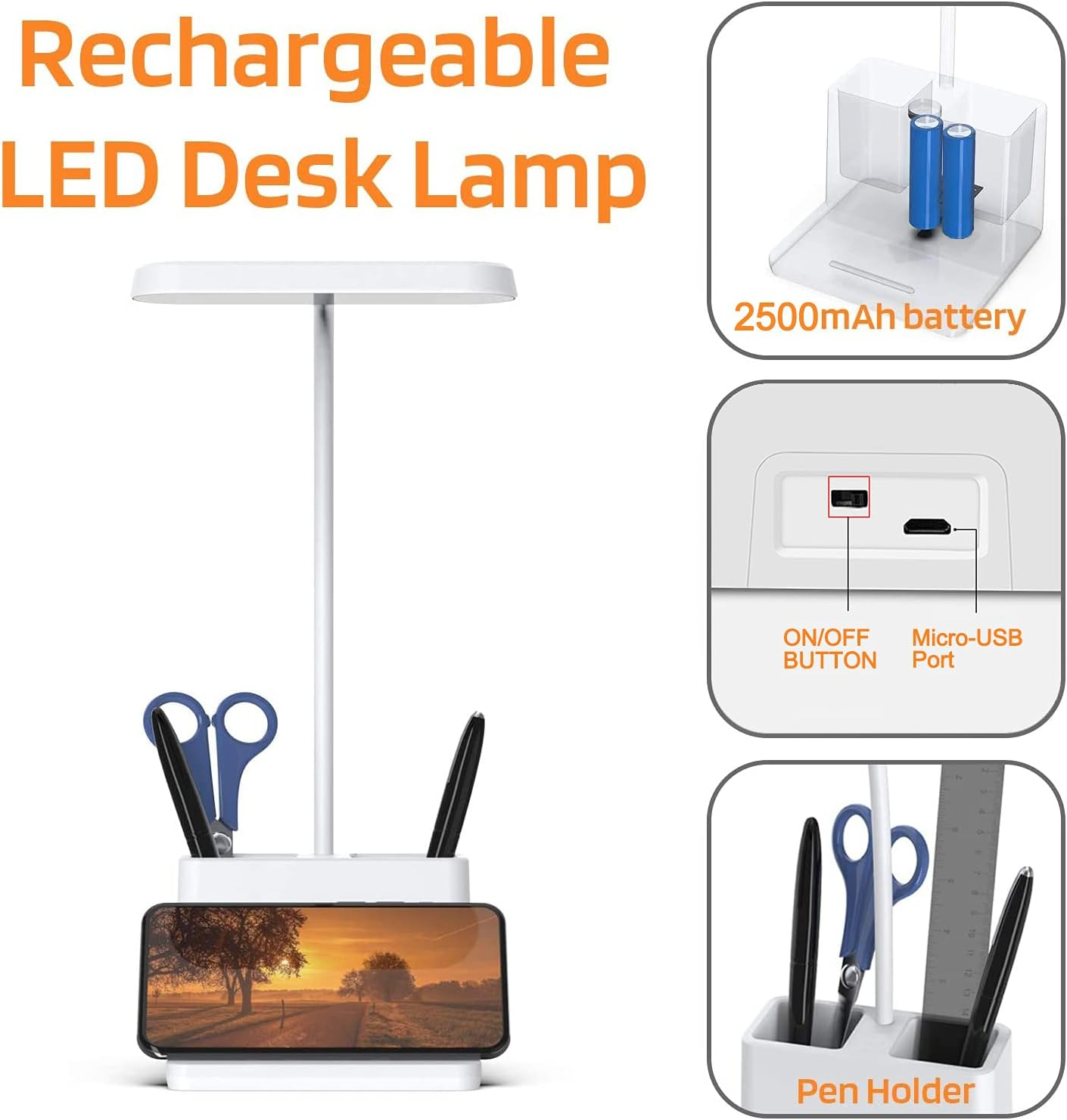 Youker Desk Lamp 3 Colors LED Table Light with Pen Holder Stepless Dimming Study Lamp with Flexible Gooseneck Eye-Caring Bedside USB Rechargeable Desk Lamp for Home Office