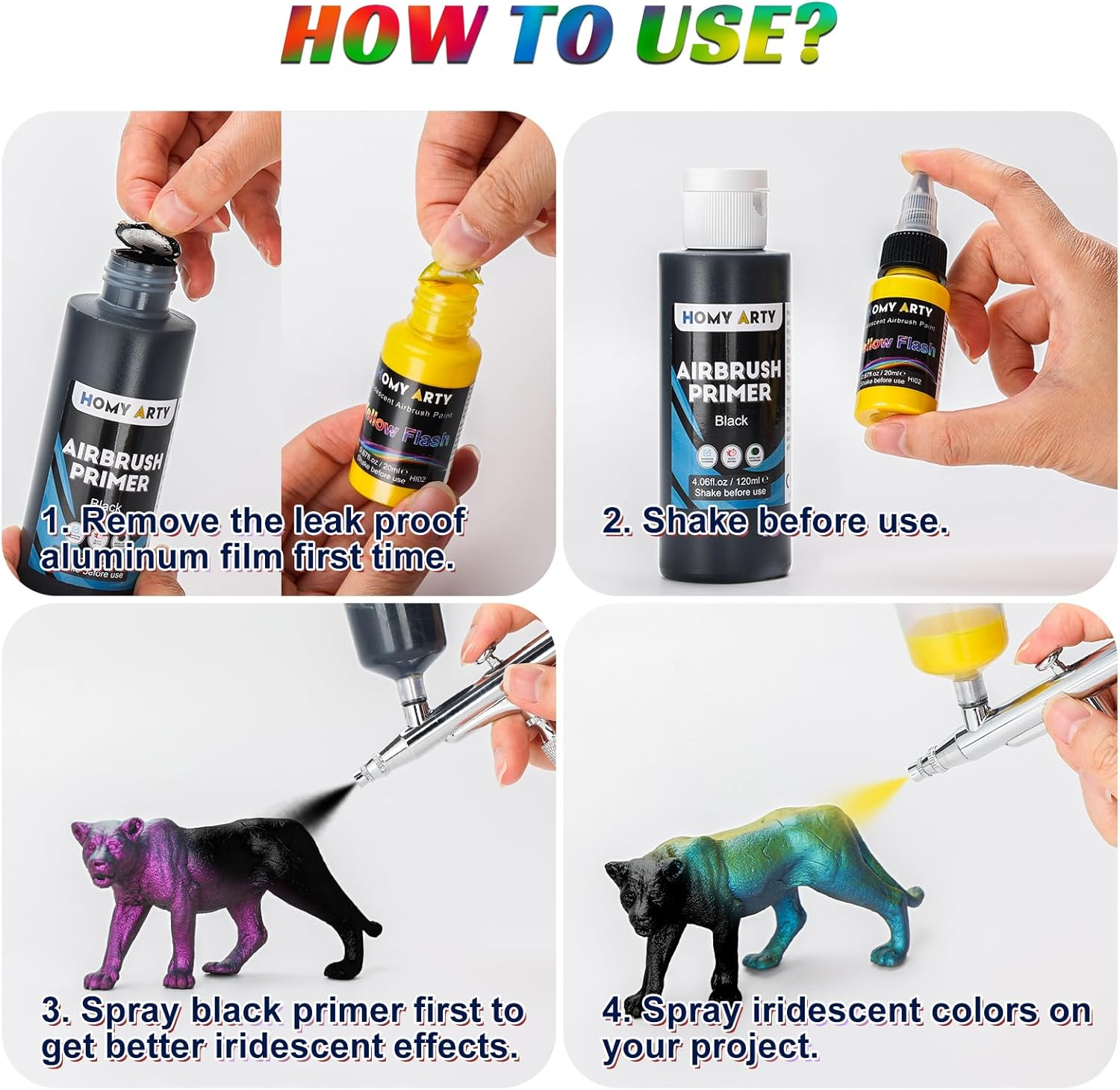 HOMY ARTY Iridescent Airbrush Paint - 30 Colors with 4.05 Fl Oz Thinner and 4.05 Fl Oz Primer, Ready to Spray Acrylic Paint, Water-Based Iridescent Air Brush Colors for Plastic Models, Canvas image number 3