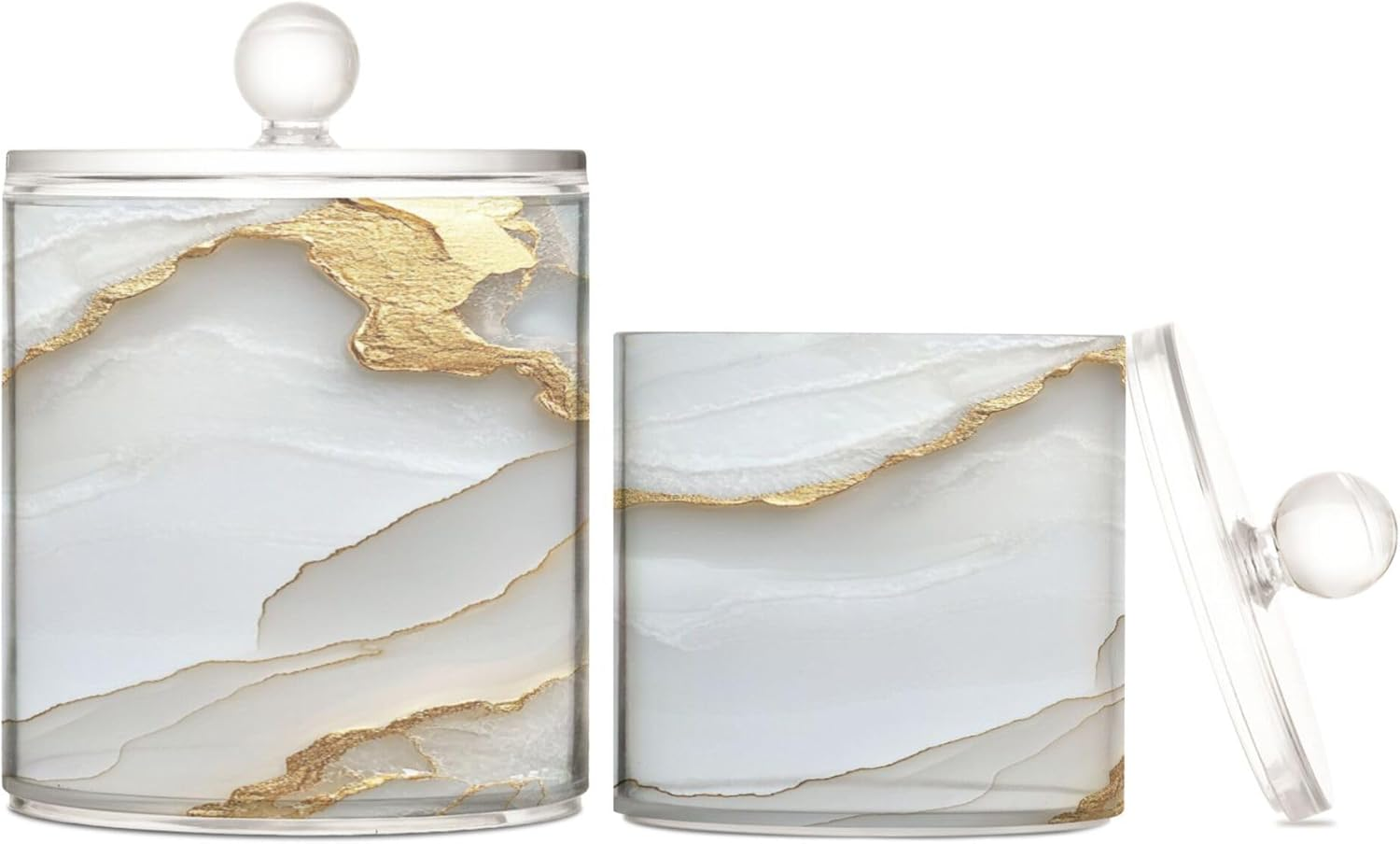 Marble White Sage Green Clear Plastic Makeup Organizer Storage with Lid Dresser Essentials Decorative Storage Bins for Floss Picks,Paper Clips,2 Pack