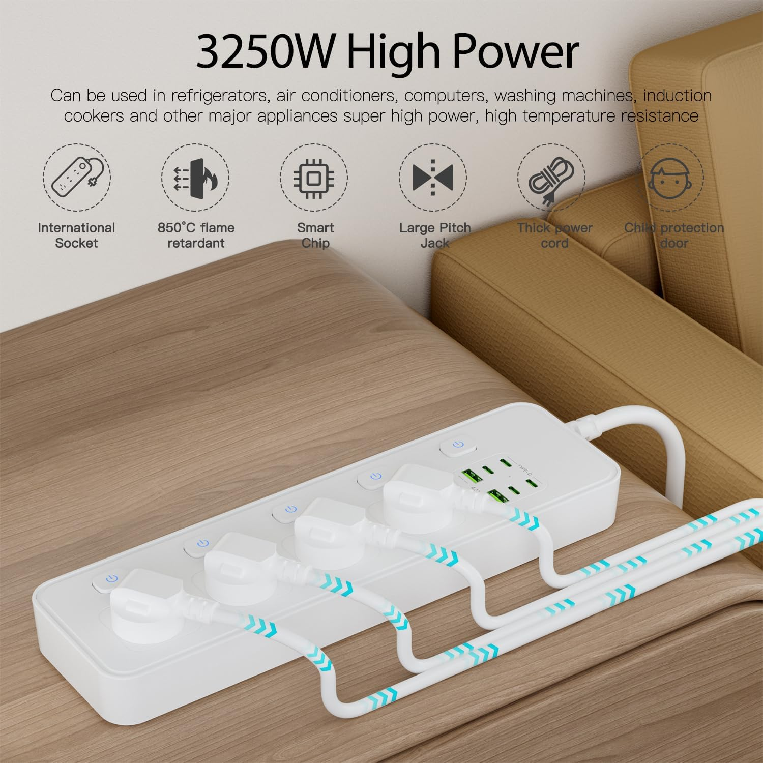 Power Board USB C, Surge Protector Power Strip with 4 AC Outlets, 4 Type C Ports and 2 USB Ports, 2M Extension Cord, Independent Switches,13A/3250W Power Board for Home Office image number 4