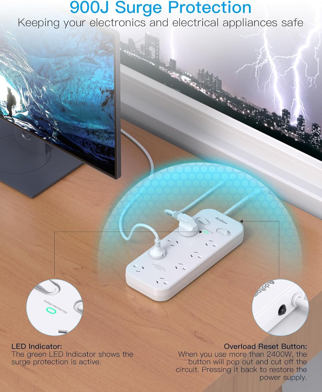 Power Board Surge Protected- 8 Widely Outlets(10A/2400W) Powerboard with 1M Extension Cord, 900J Surge Protection Double Switch, Wall Mountable for Home Office Accessories image number 4