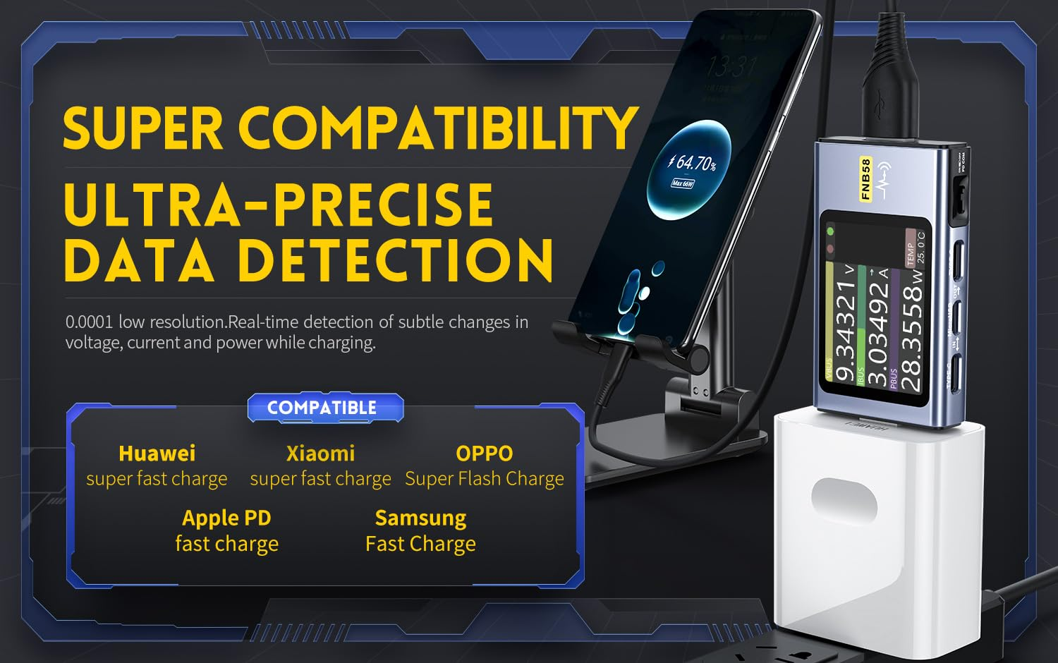 Fnirsi USB Tester Charge Detection -FNB58 Digital Voltmeter Ammeter USB Tester Type-C Fast Charge Detection Trigger Capacity Measurement Ripple Measurement(Fnb58 Wo Bluetooth) image number 5