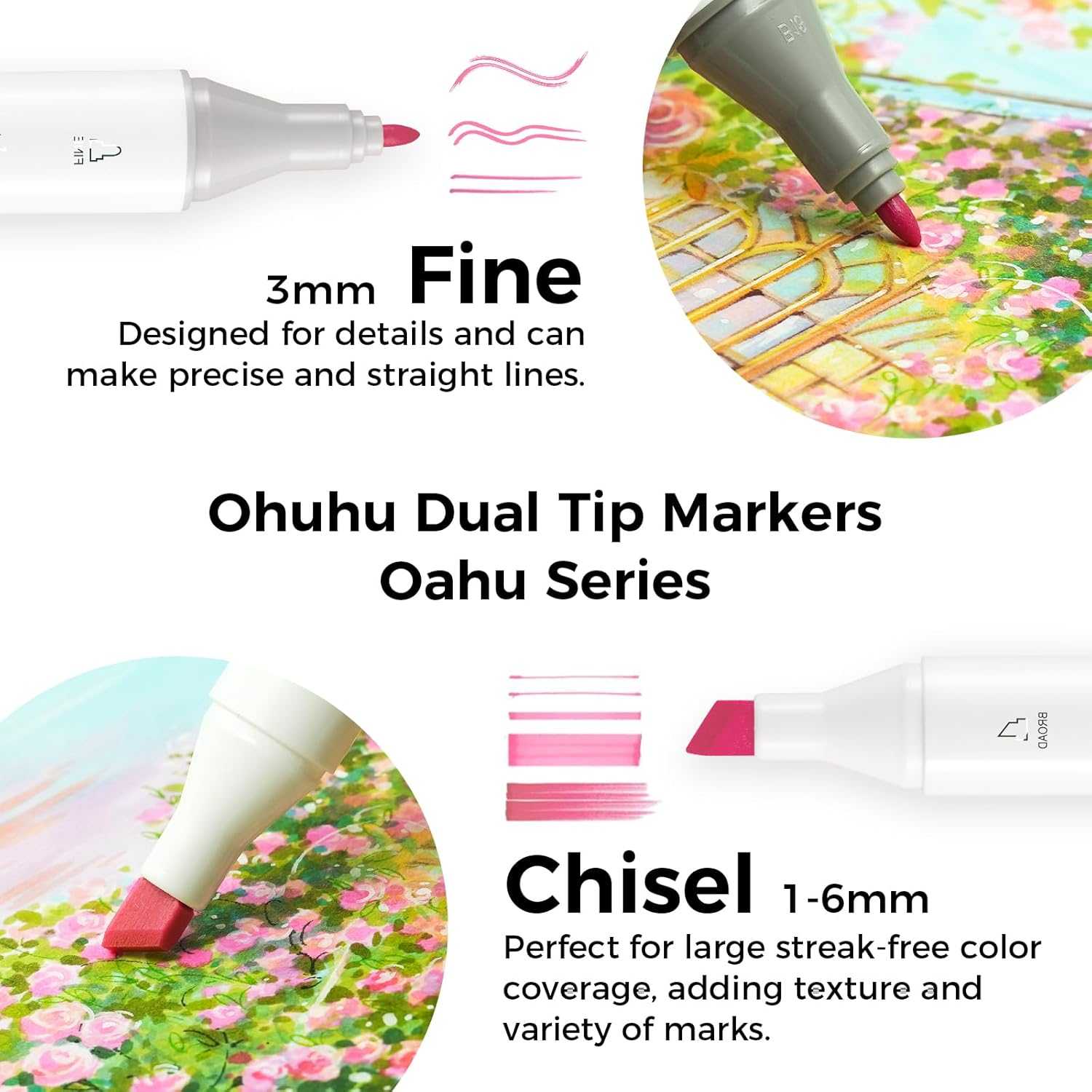 Ohuhu Alcohol Markers 48 Pastel Colors- Double Tipped Art Marker Set for Artists Adults Coloring Sketching Illustration - Chisel & Fine Dual Tips - Oahu of Ohuhu Markers - Alcohol-Based Refillable Ink image number 4