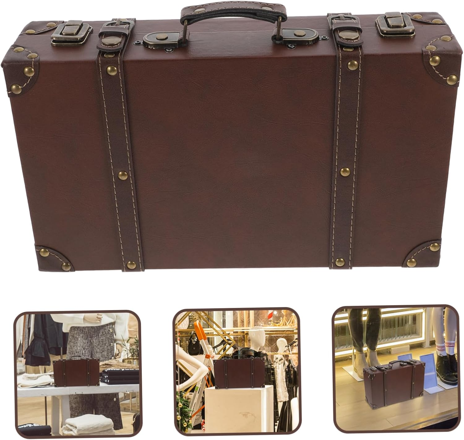Vintage Style Leather Trunk Luggage Small Size Brown Retro Decorative Suitcase Box Photo Props Storage for Clothing Store Display