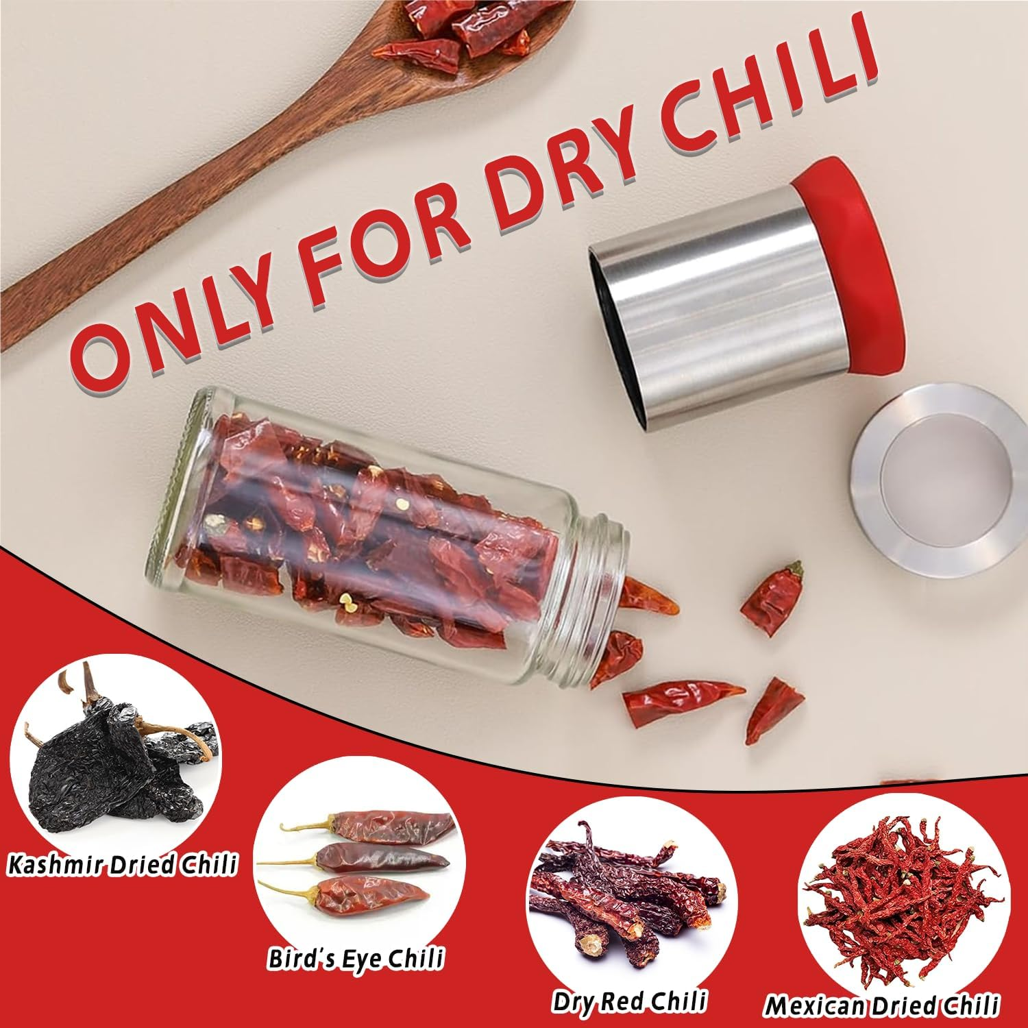 Chilli Grinder Mill, Smavles 170ML Chili Mill Stainless Steel & Glass,Chilli Cutter for Dry Chillies