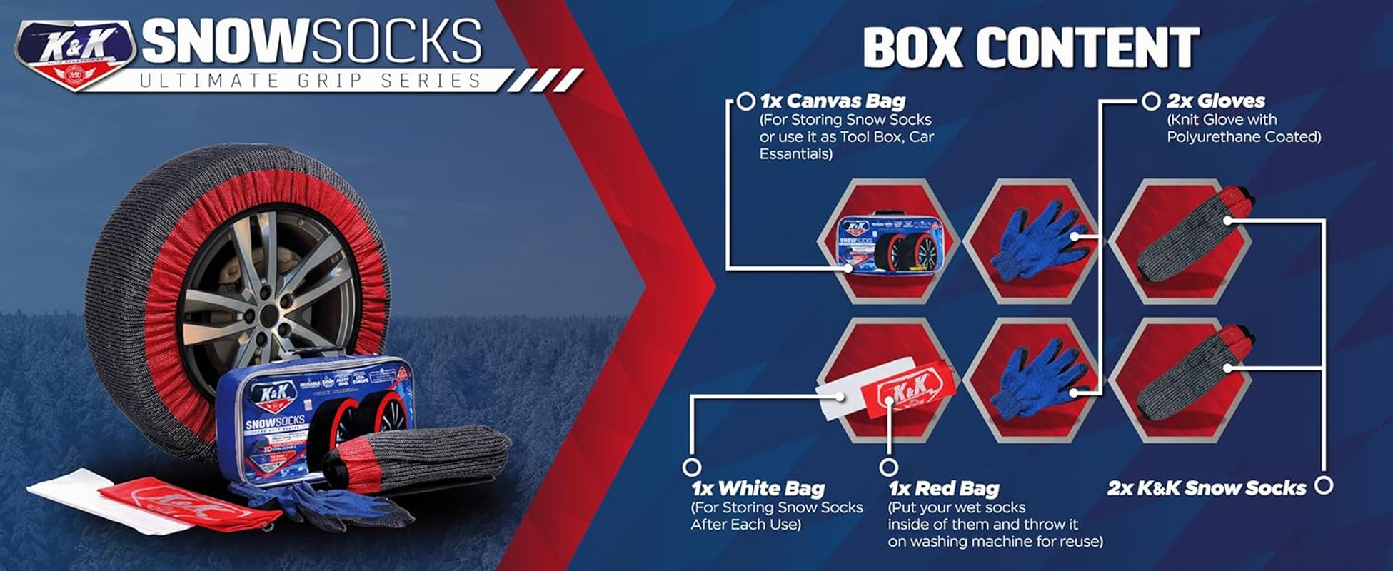 KNK Boutique K&K Automotive Snow Socks for Tires - Pro Series Ultimate Grip Chain Alternative Traction Device Truck SUV Van Car Textile Winter Emergency Kit Auto Accessory 2023 Model European (Large) image number 6