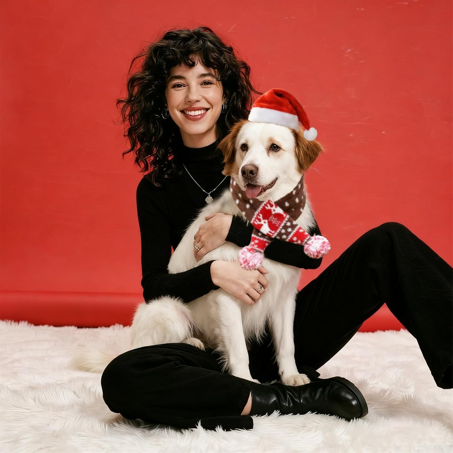 Yicoovey Christmas Pet Costume Set (Size L) - 2-Piece Reindeer Knitted Scarf & Santa Hat in Red/White, Soft Winter Outfit for Dogs/Cats, Festive Accessories & Photo Decoration image number 3