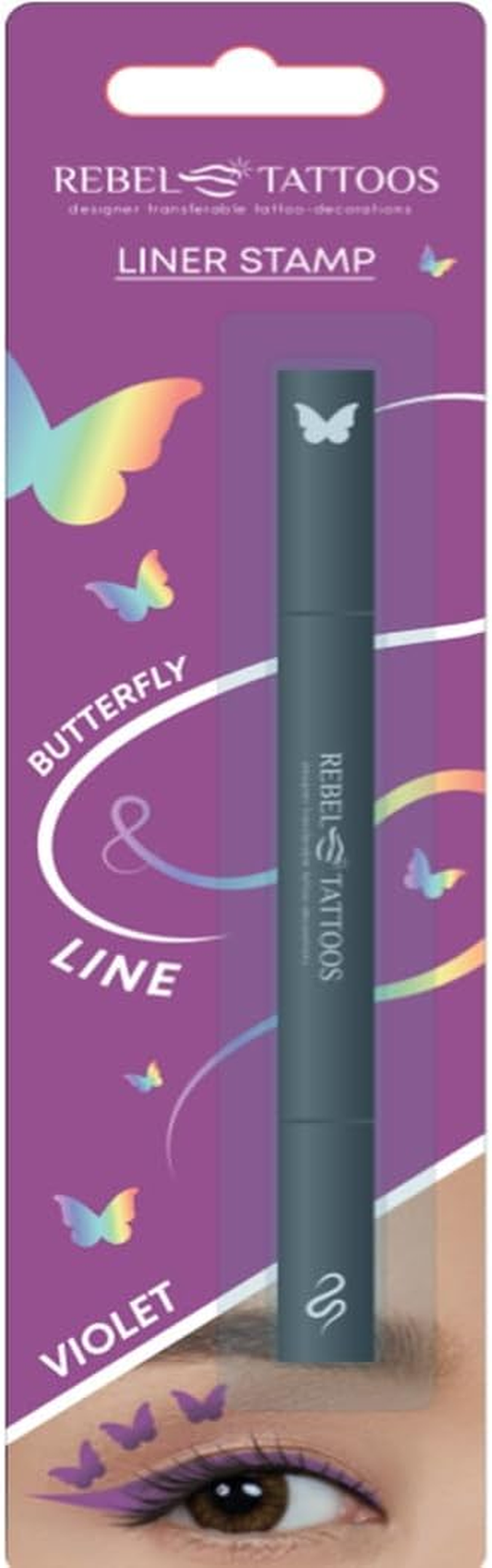 Rebel Tattoos 2-In-1 Eyeliner Stamp, Pigmented Intense Black Formula, Smudge-Budge Proof, Sweatproof, 24 Hour Stay Eyeliner Stamp (Purple Butterfy) image number 6