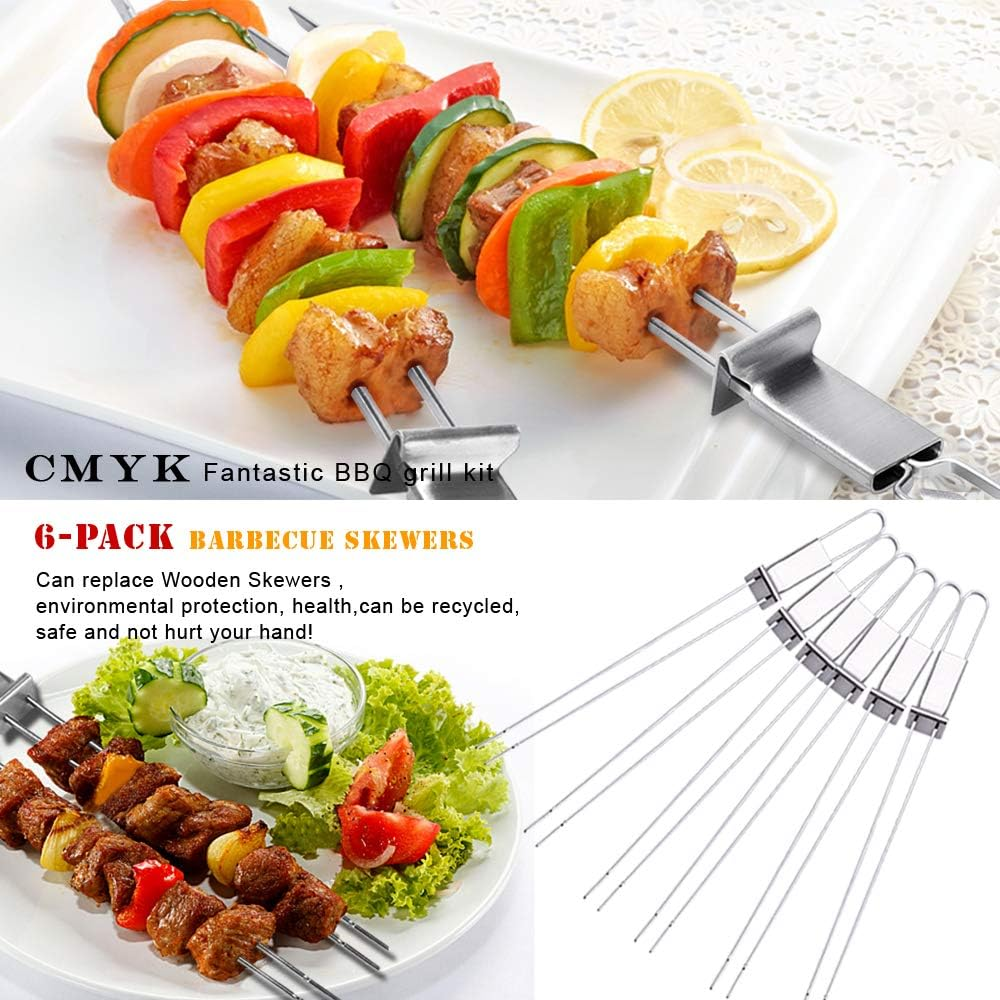 Skewers for Grilling - 13" Kabob Skewers with Push Bar Double Pronged Anti-Roll Metal Skewers for Kabobs, Stainless Steel Reusable BBQ Skewers for Grilling,Ideal for Meat Shrimp Vegetable 6Pcs