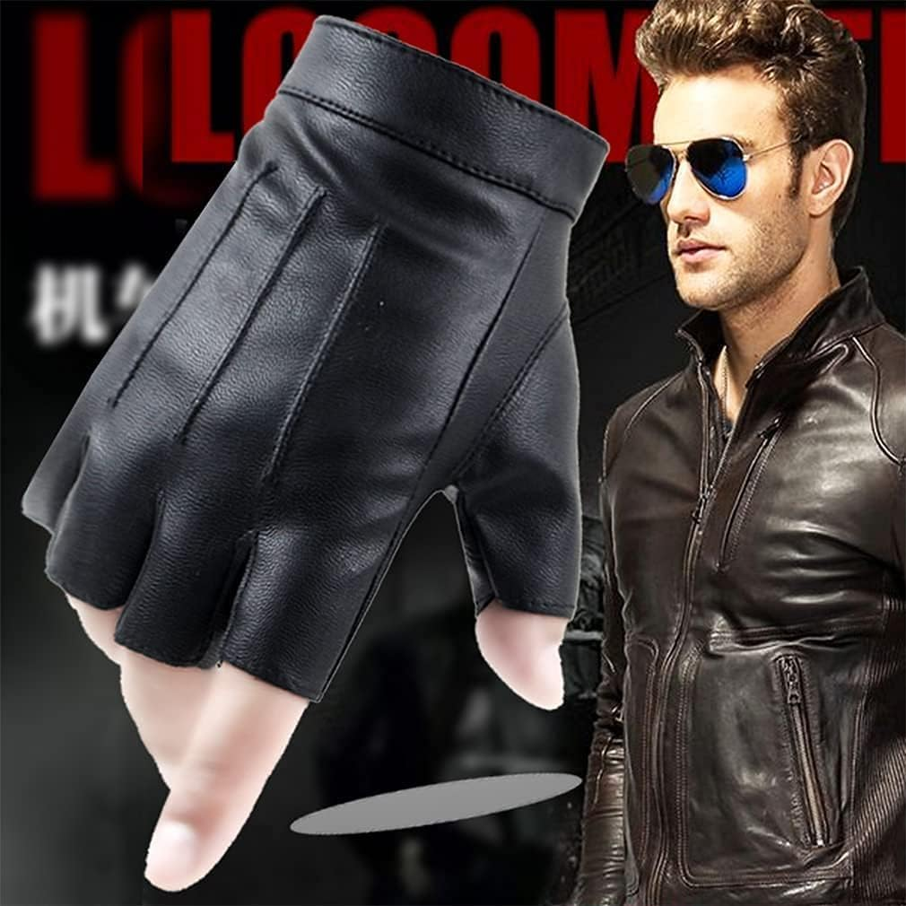 Fingerless Leather Men'S Half Finger Gloves Men'S Leather Non-Slip Motorcycle Driving Gloves - Black