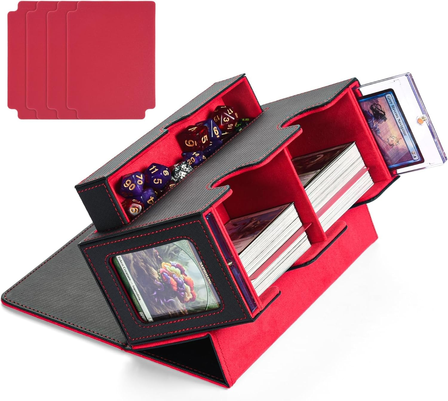 MTG Deck Box with 2 Commander Displays & Dice Tray, Fits 320+ Single Sleeved Cards, Trading Card Storage with 4 Dividers & 35Pt Card Brick for Magic, TCG, and Collectible Cards (Red) - Gray image number 6