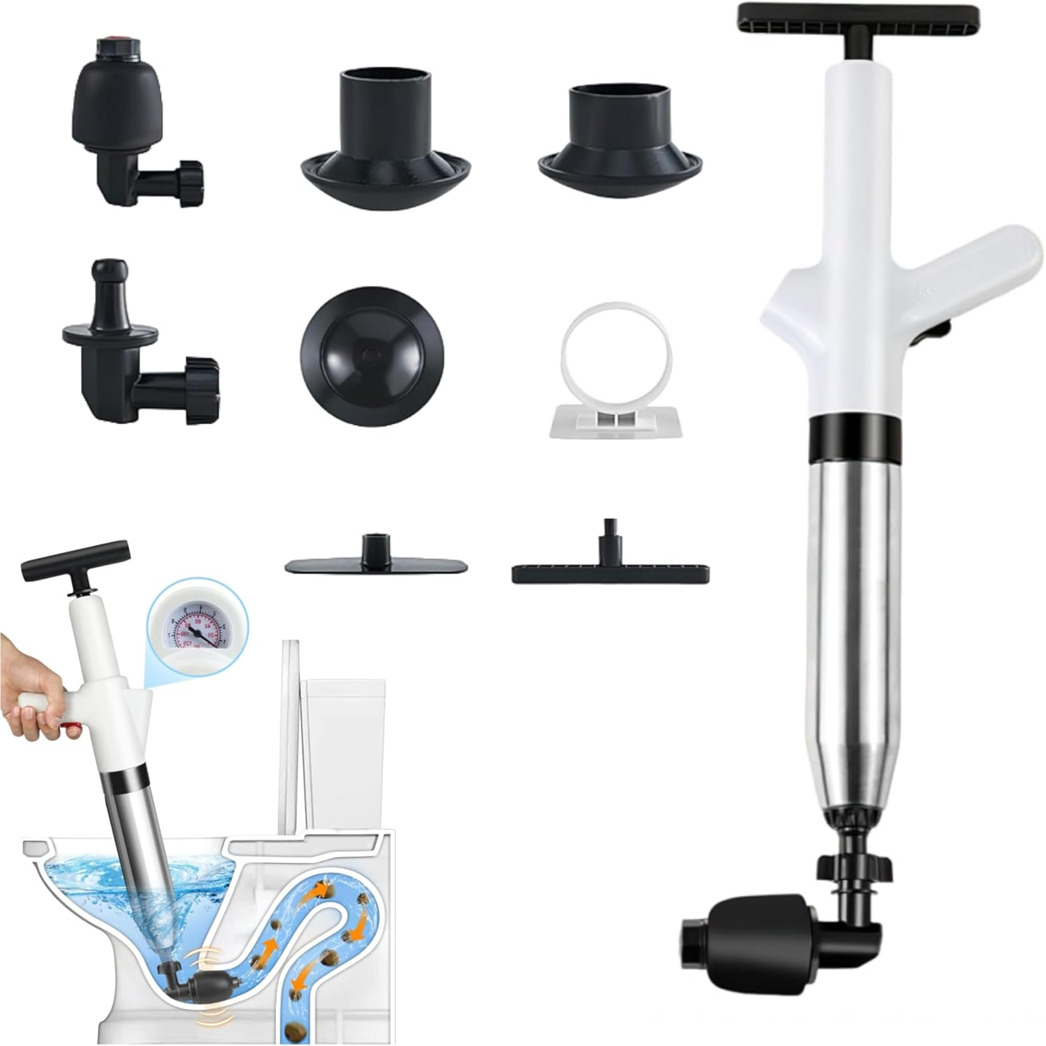 Toilet Plunger, Drain Cleaner Pump, Compressed Air Pipe Cleaner Kit (4 Suction Adapters), Plunger Drain for Cleaning Toilets, Sink, Bathtub, Floor, Drain image number 6