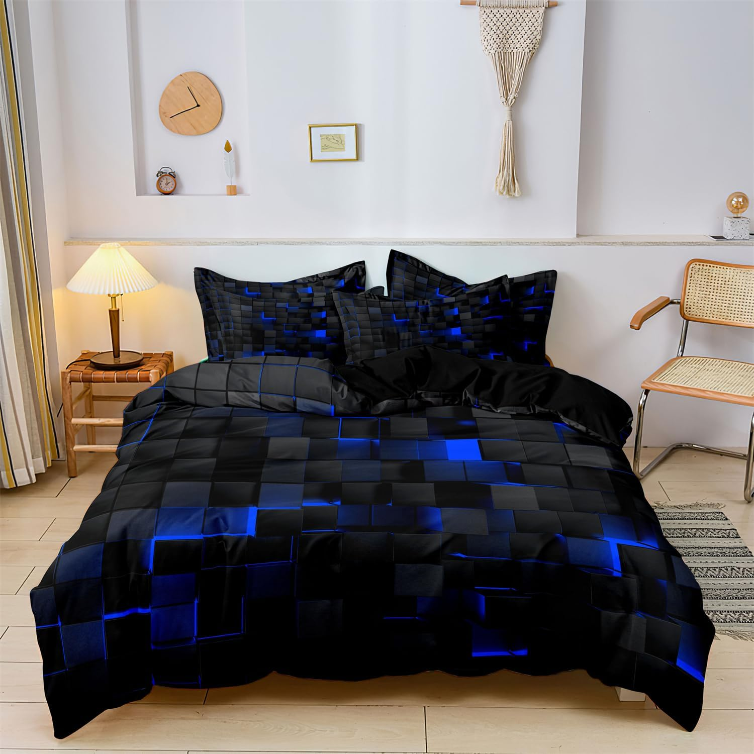 Checkered Duvet Cover Set Twin Size, Red and Blue Grid Printed Quilt Personalized Geometric Square Grid Bedding Set Modern Abstract Check Quilt Cover for All Season (1 Duvet Cover + 2 Pillowcase)