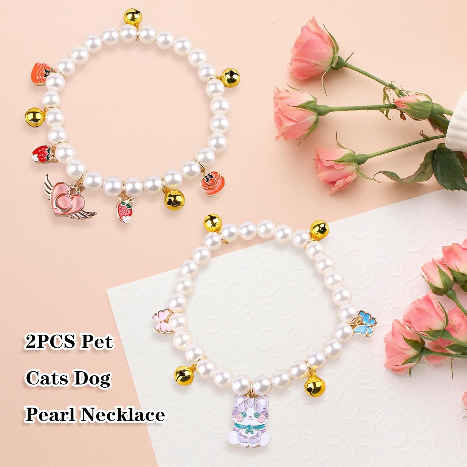 Yanmucy Cat Collar with Bell Pearl Pet Cats Dog Necklace Collar Accessories Necklace Jewellery for Kittens Small Pets Wedding Party Costume Outfits (Cat + Heart) image number 4
