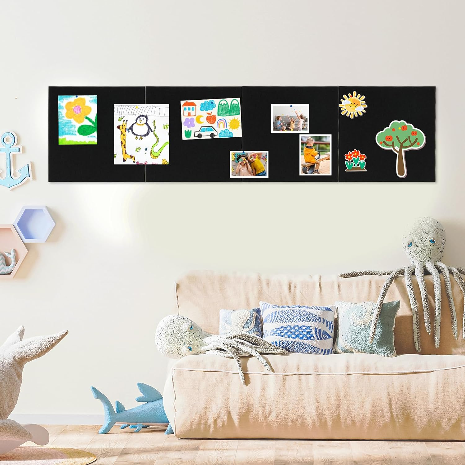 Large Cork Board Alternative, 4 Pack 12&rdquo; X 12&rdquo; Self Adhesive Felt Bulletin Board Wall Panels, Pin Board, Felt Wall Tiles for Home, Office with 40 Push Pins(Black) - 5 Pack-Black image number 3