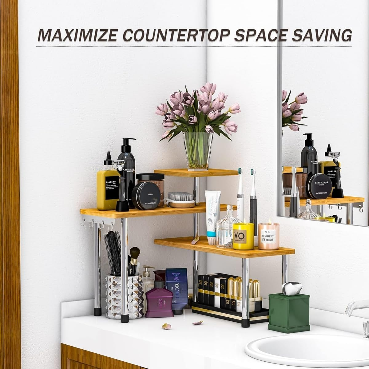 9SHOME Kitchen Corner Shelf Countertop Organiser, 3 Tier Adjustable Bamboo Spice Rack Organizer with Hooks, Wooden Counter Top Storage Rack for Kitchen, Bathroom, Living Room, Coffee Station image number 5