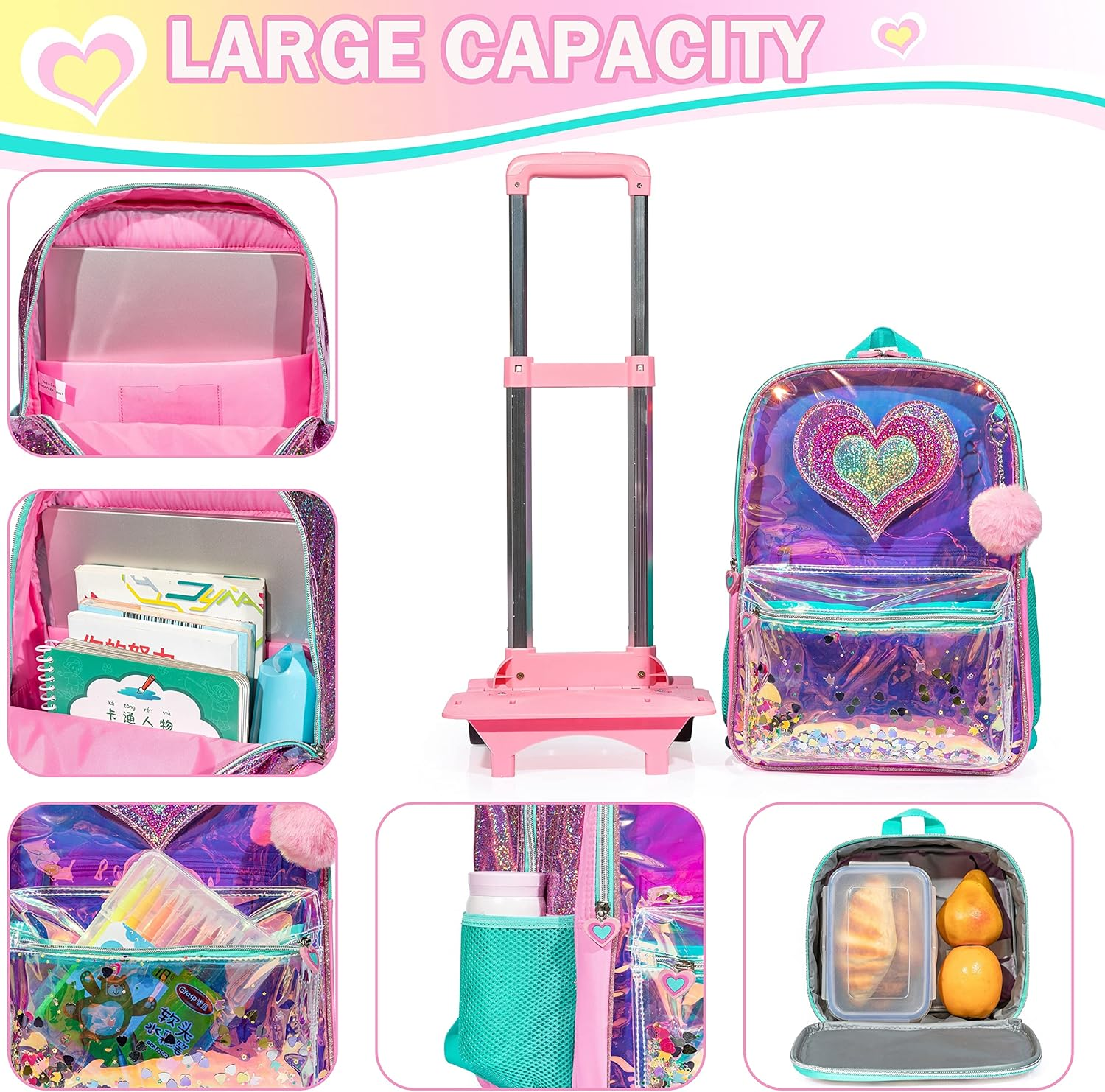 Meetbelify Rolling Backpacks for Girls School Bags with Wheels Pencil Case Lunch Bag image number 5