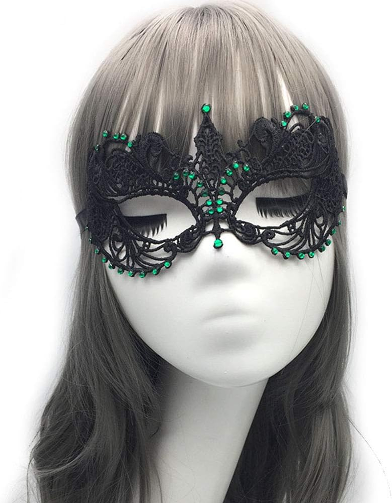 Imapo Masquerade Mask with Green Shiny Rhinestones, Sexy Mardi Gras Masks for Women Lady, Christmas Cosplay Venetian Party Prom Ball Lace Eye Masks - Black