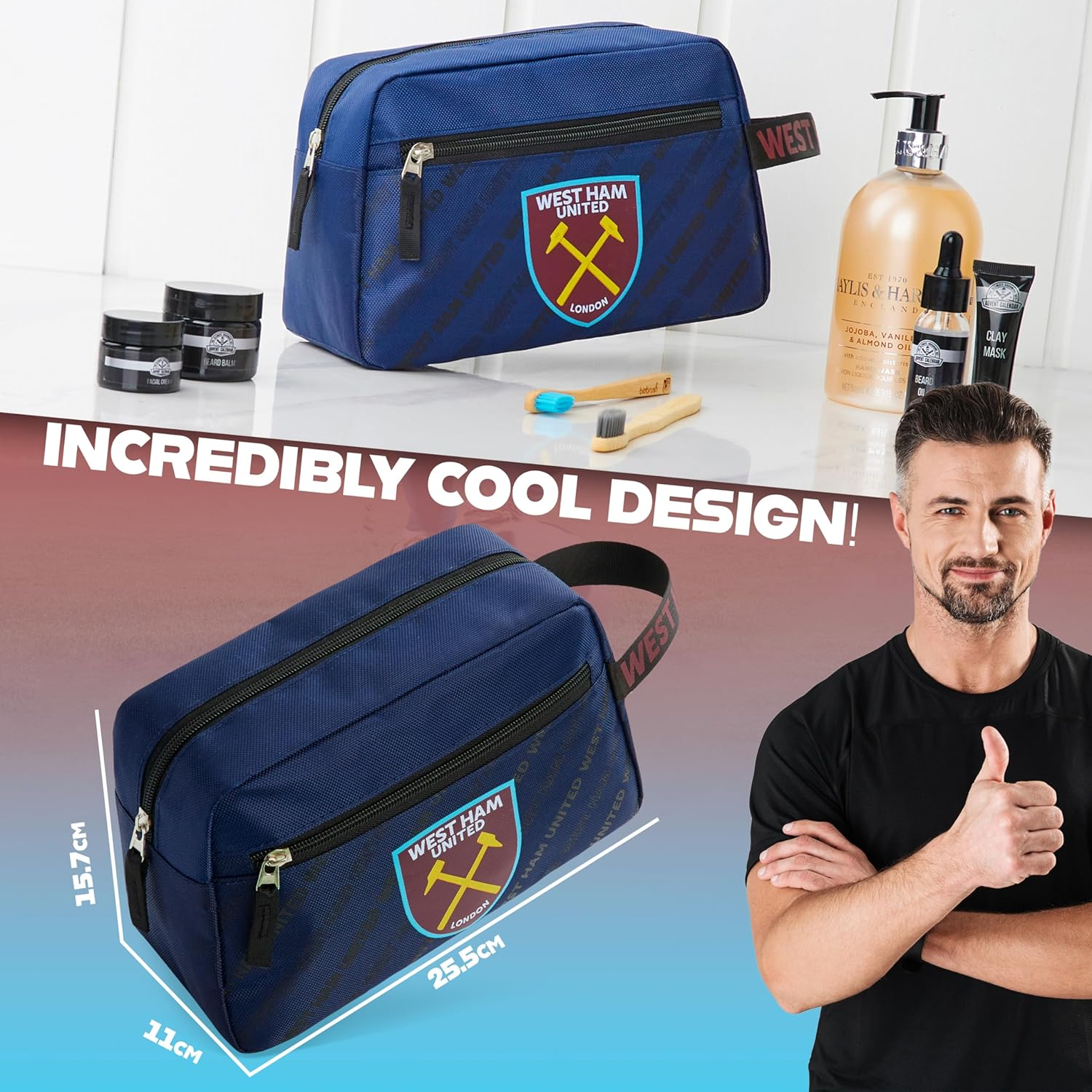 West Ham United F.C. Toiletry Bags for Men, Hanging Wash Bag with Zipped Pocket - Gifts for Him, Navy, Toiletry Bag image number 4