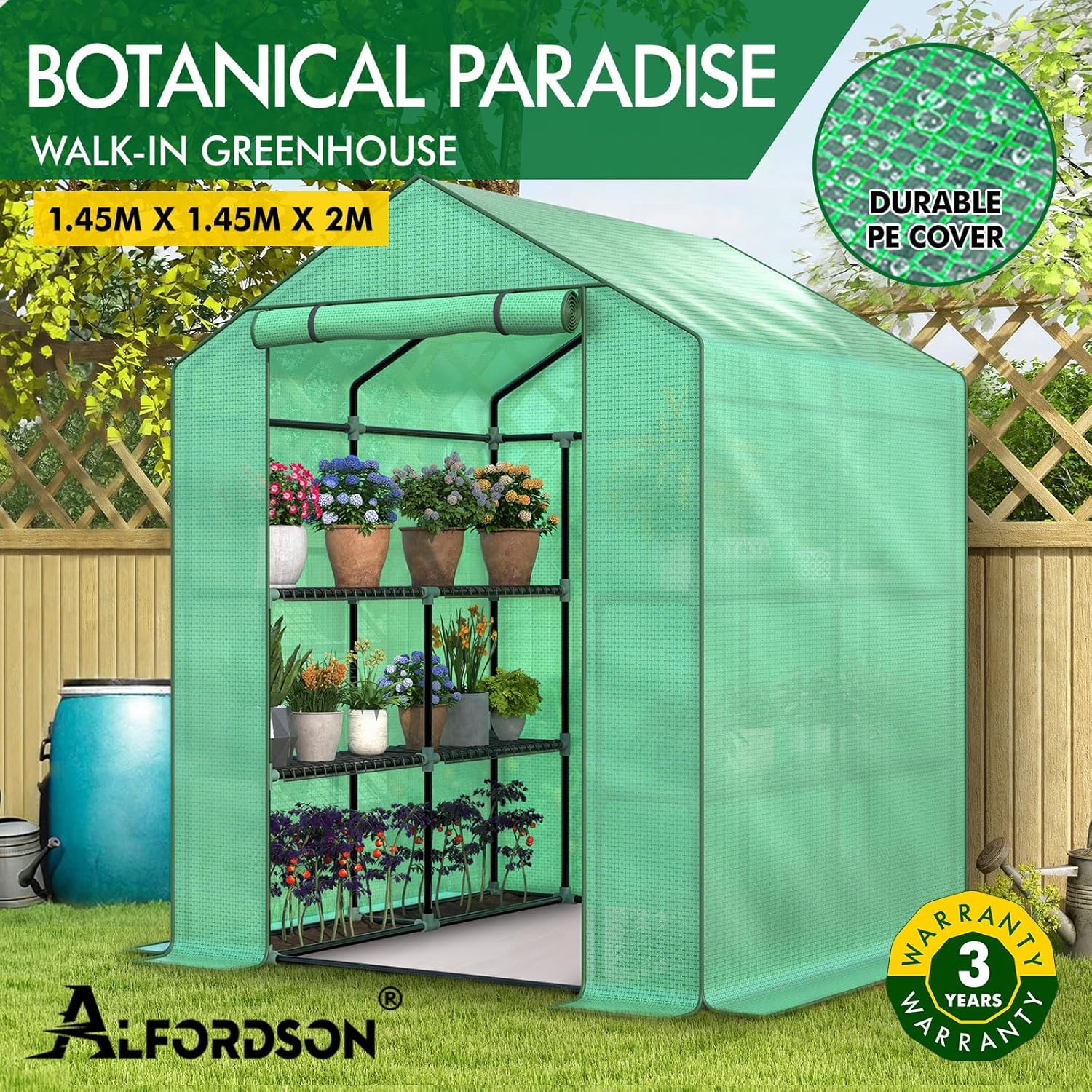 ALFORDSON Greenhouse Garden Shed 1.45X1.45X2M, Walk-In Tunnel Green House with Storage Rack, Steel Frame Grow Tent for Gardening Plants Flowers image number 2