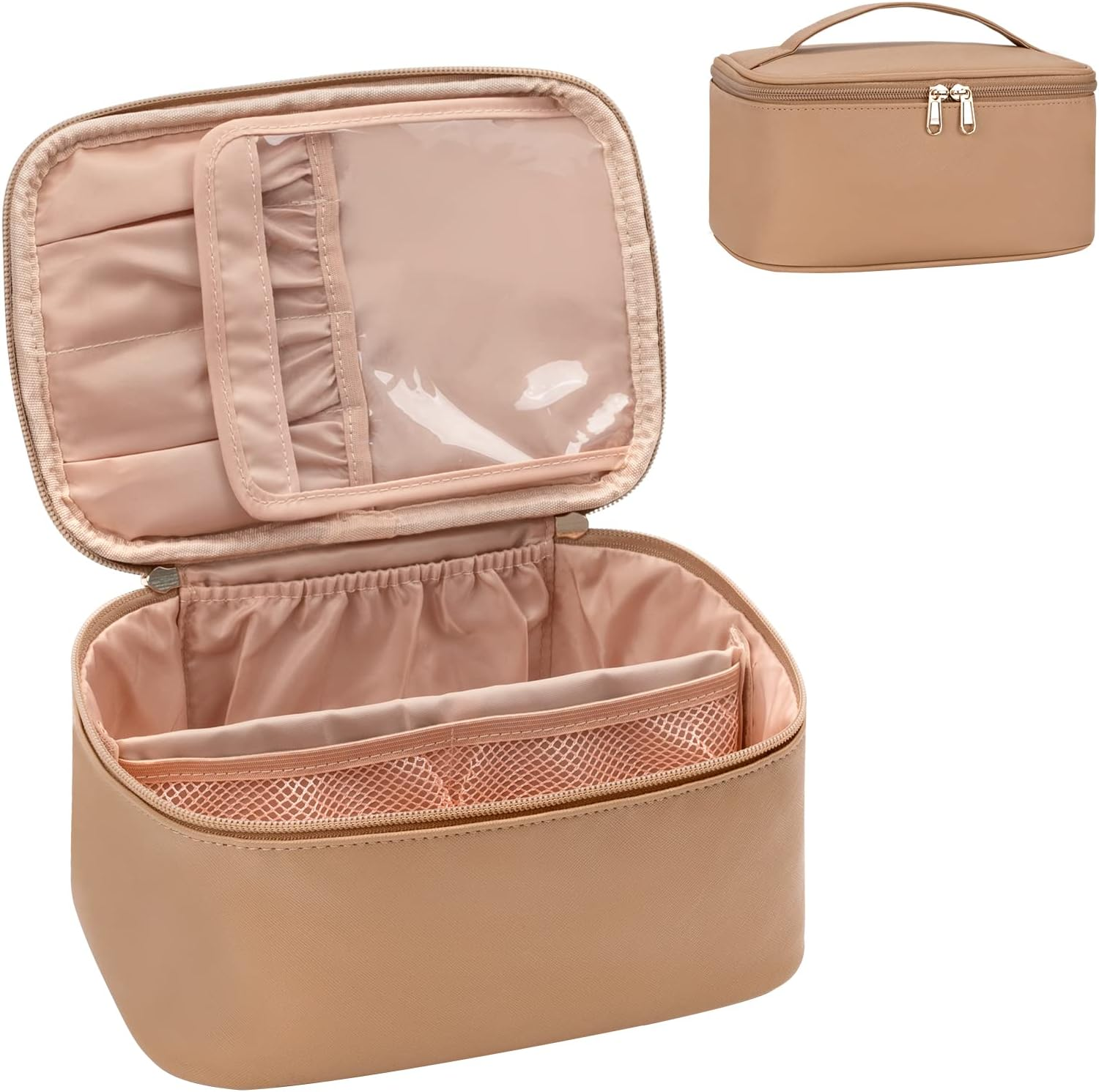 OCHEAL Makeup Bag, Double Layer Cosmetic Cases Travel Makeup Organizer Toiletry Bags Large Make up Bag for Women Girls with Adjustable Dividers and Brush Organize Area (Black Clear)