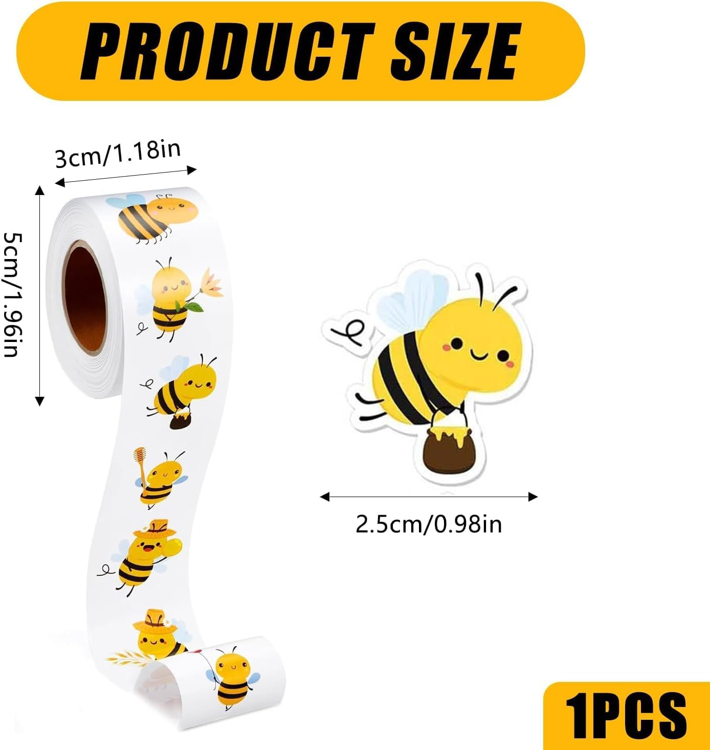 YSHIGUING Pack of 500 Bee Stickers Cartoon Bees Reward Stickers Roll Waterproof Vinyl Stickers Bee Labels Stickers Self-Adhesive Wall Stickers with Animals for Birthday Theme Party Decor